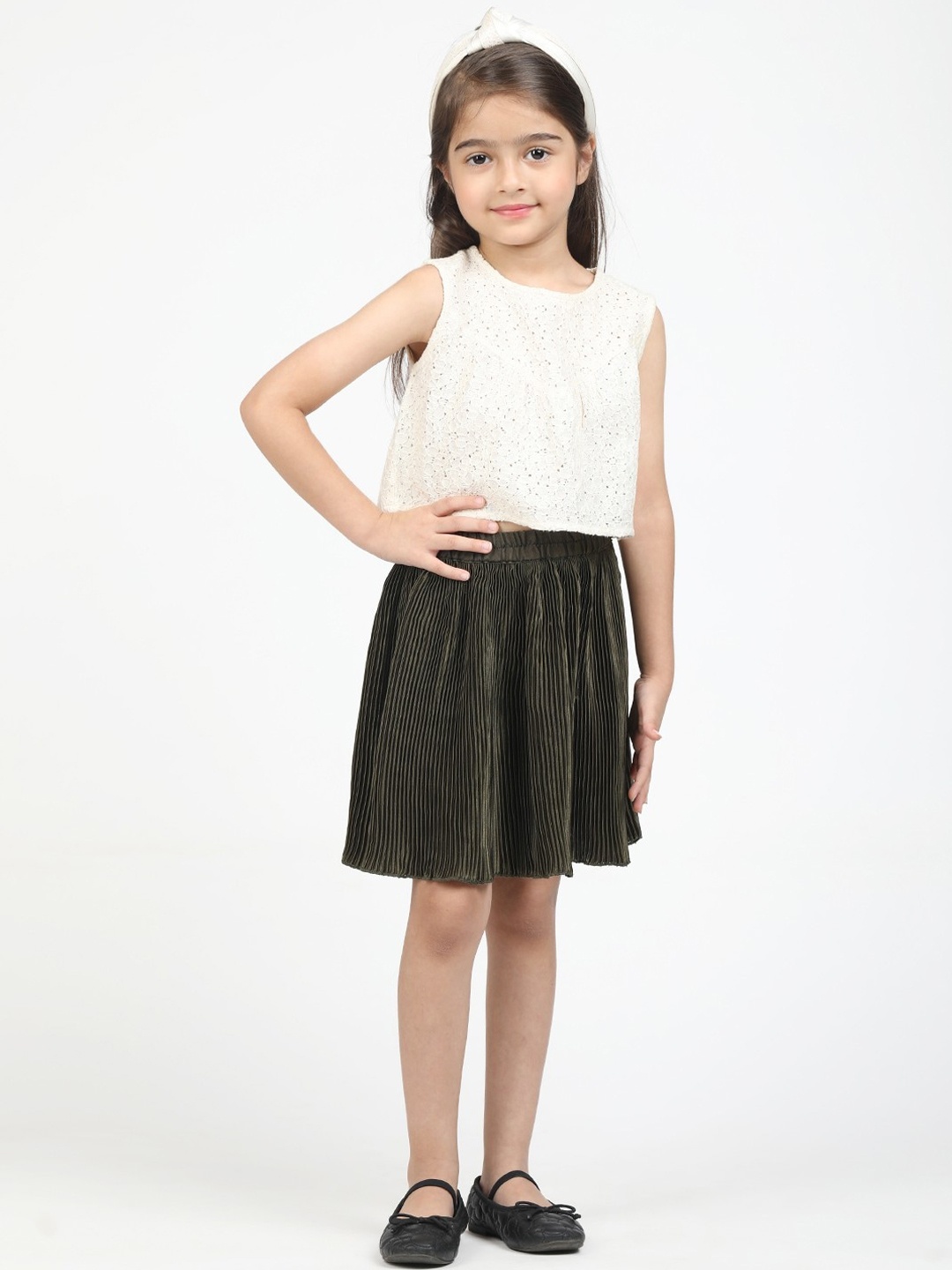 

Jelly Jones Girls Cream-Coloured & Green Top with Skirt