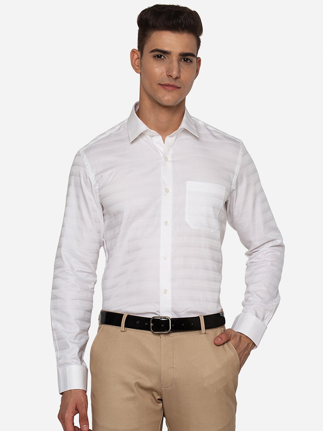 

JADE BLUE Men White Slim Fit Horizontal Stripes Striped Formal Shirt