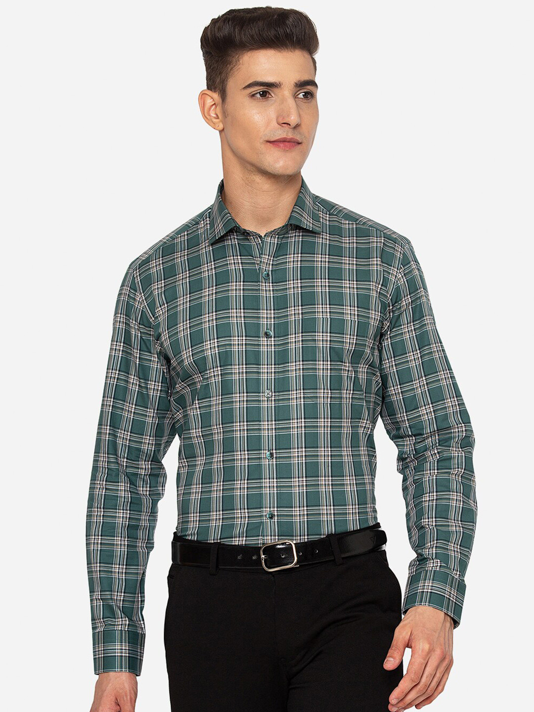 

JADE BLUE Men Green Slim Fit Tartan Checks Checked Formal Shirt