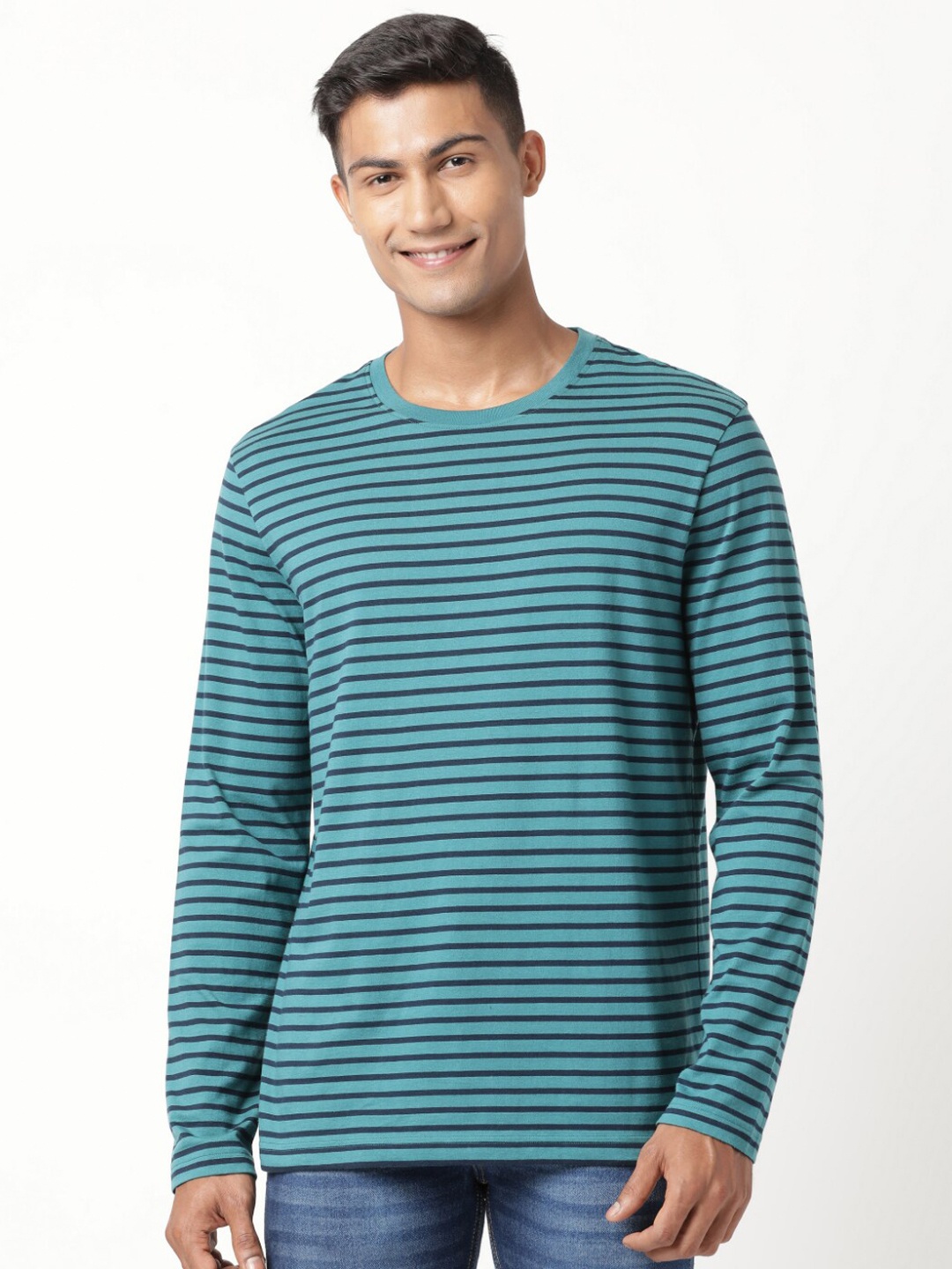 

Jockey Men Green Striped Raw Edge T-shirt