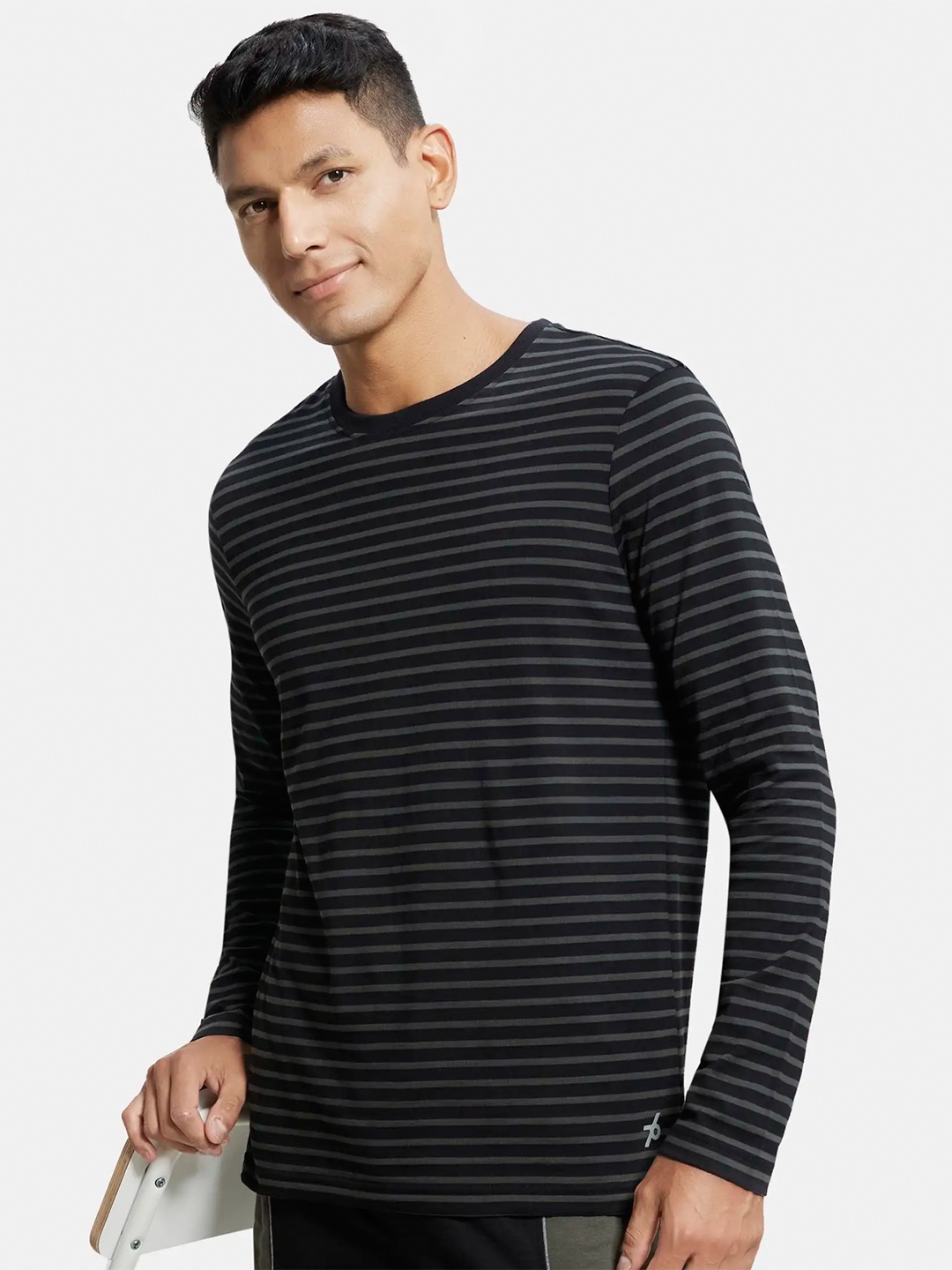 

Jockey Super Combed Cotton Rich Striped Round Neck Full Sleeve T-shirt-AM01, Black