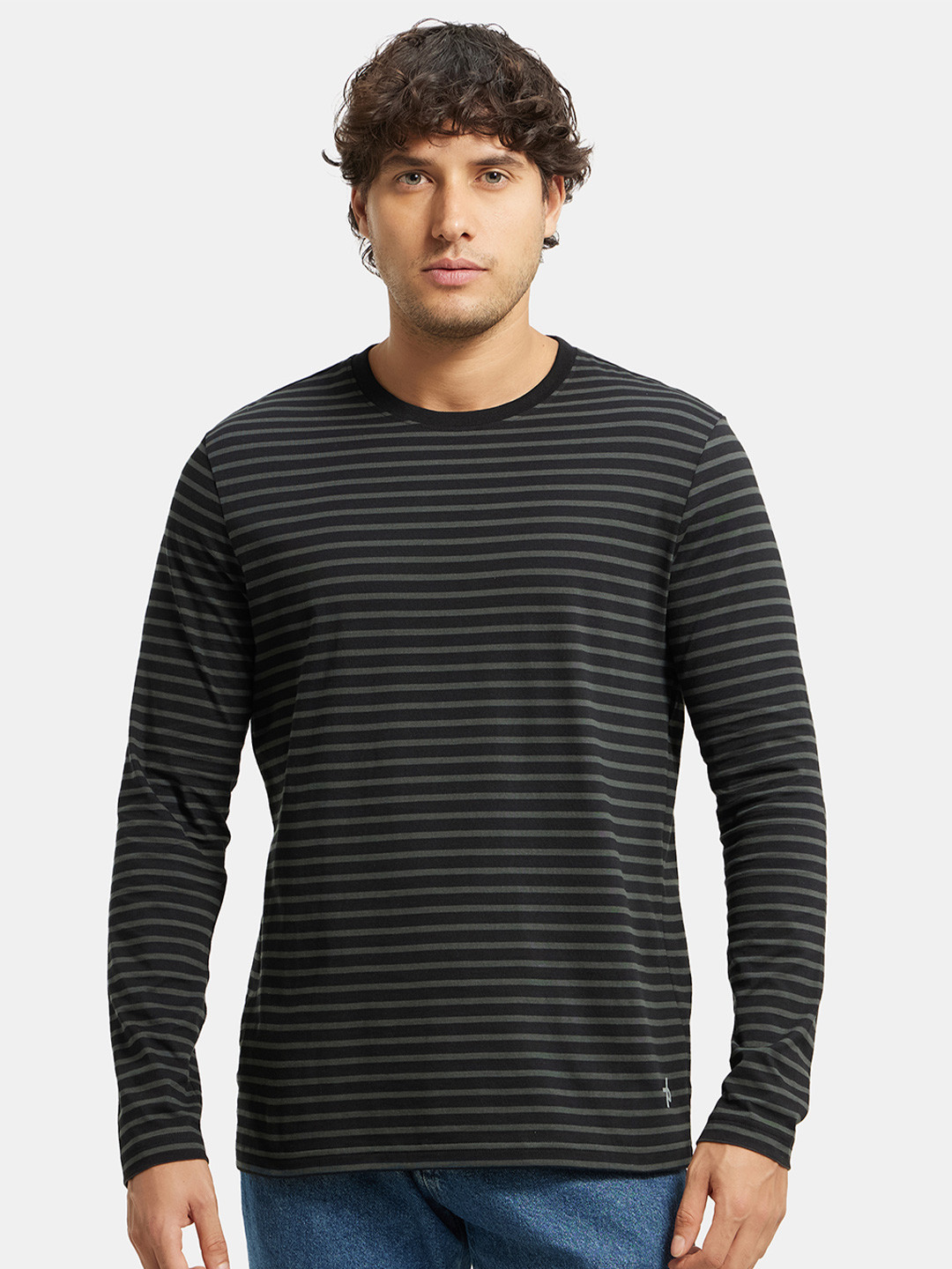 

Jockey Super Combed Cotton Rich Striped Round Neck Full Sleeve T-shirt-AM01, Black