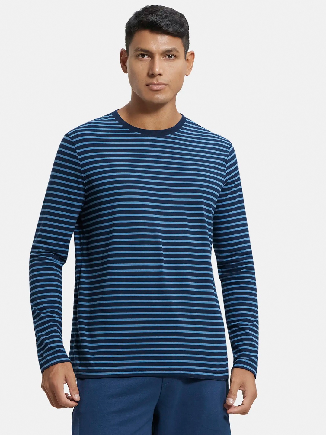 

Jockey Super Combed Cotton Rich Striped Round Neck Full Sleeve T-shirt-AM01, Blue