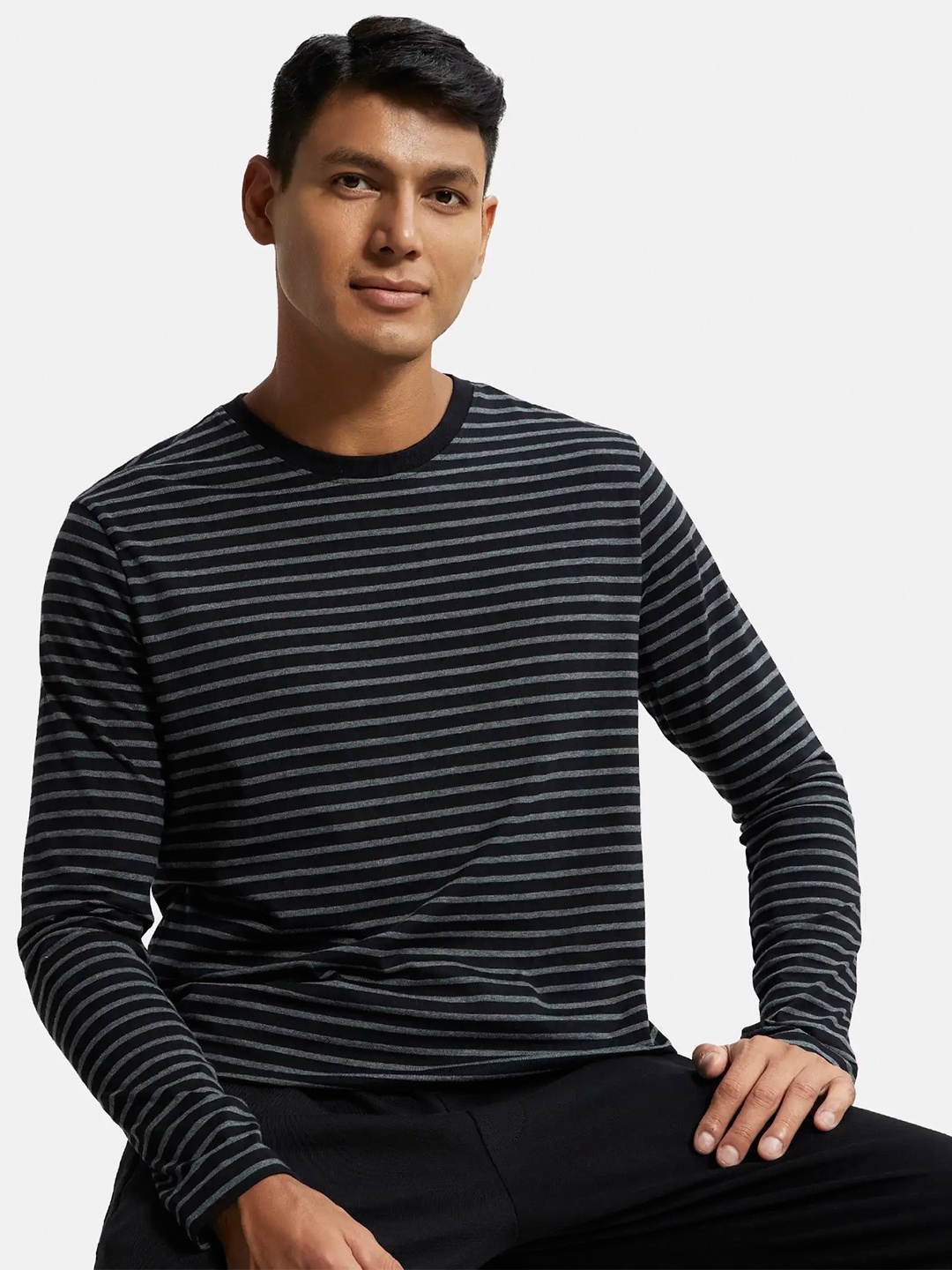 

Jockey Super Combed Cotton Rich Striped Round Neck Full Sleeve T-shirt-AM01, Black