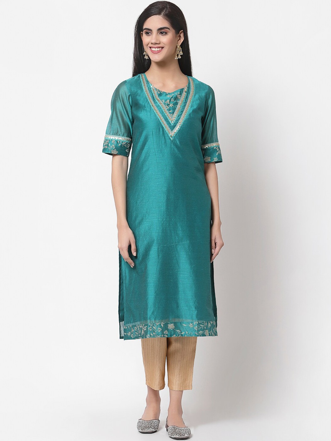 

Myshka Women Teal Yoke design Chanderi Silk Kurta