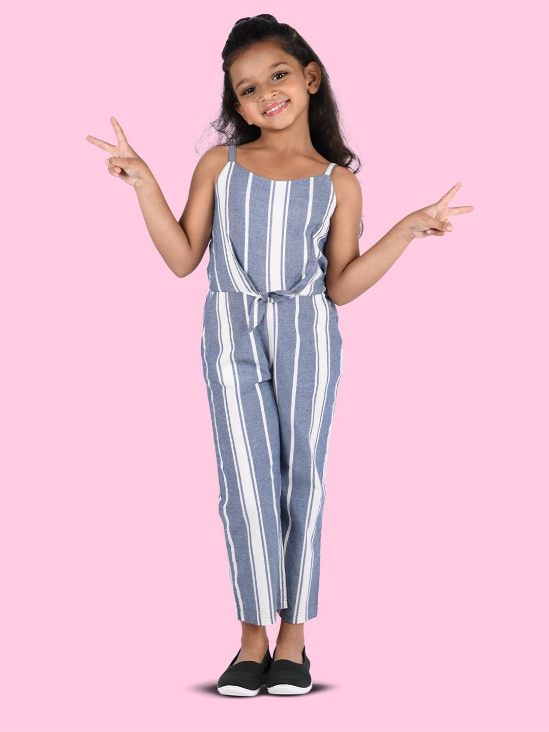 

Zalio Girls Grey & White Striped Basic Jumpsuit