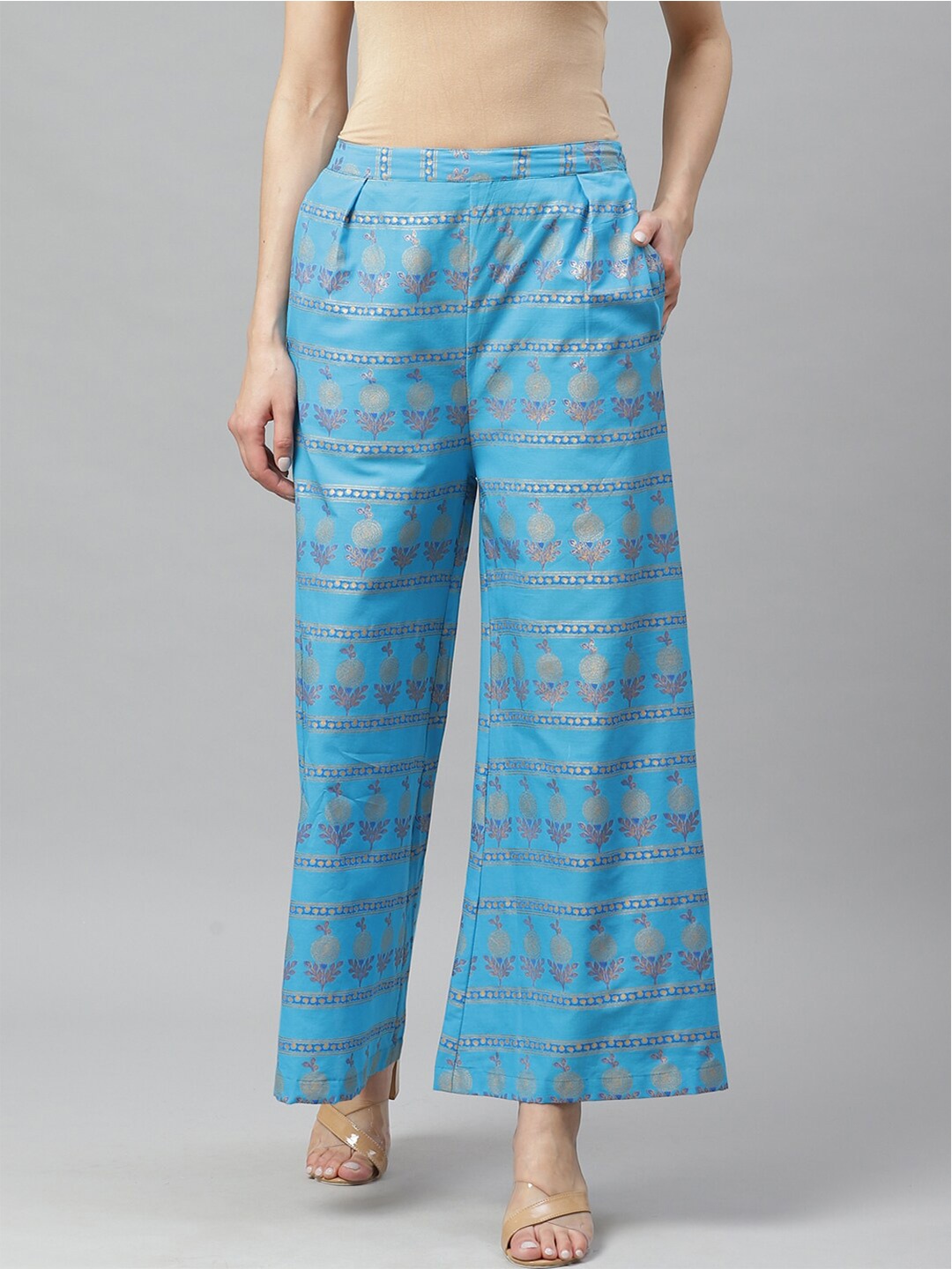 

Myshka Women Blue & Gold-Toned Floral Printed Ethnic Palazzos