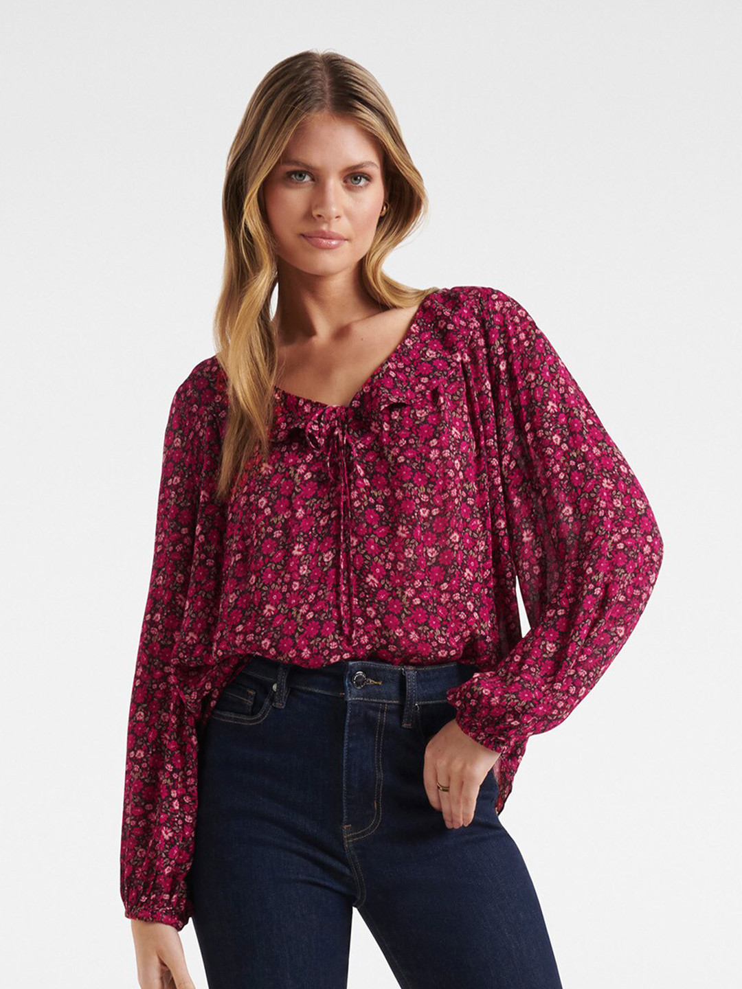 

Forever New Women Pink Floral Print Tie-Up Neck Ruffles Top