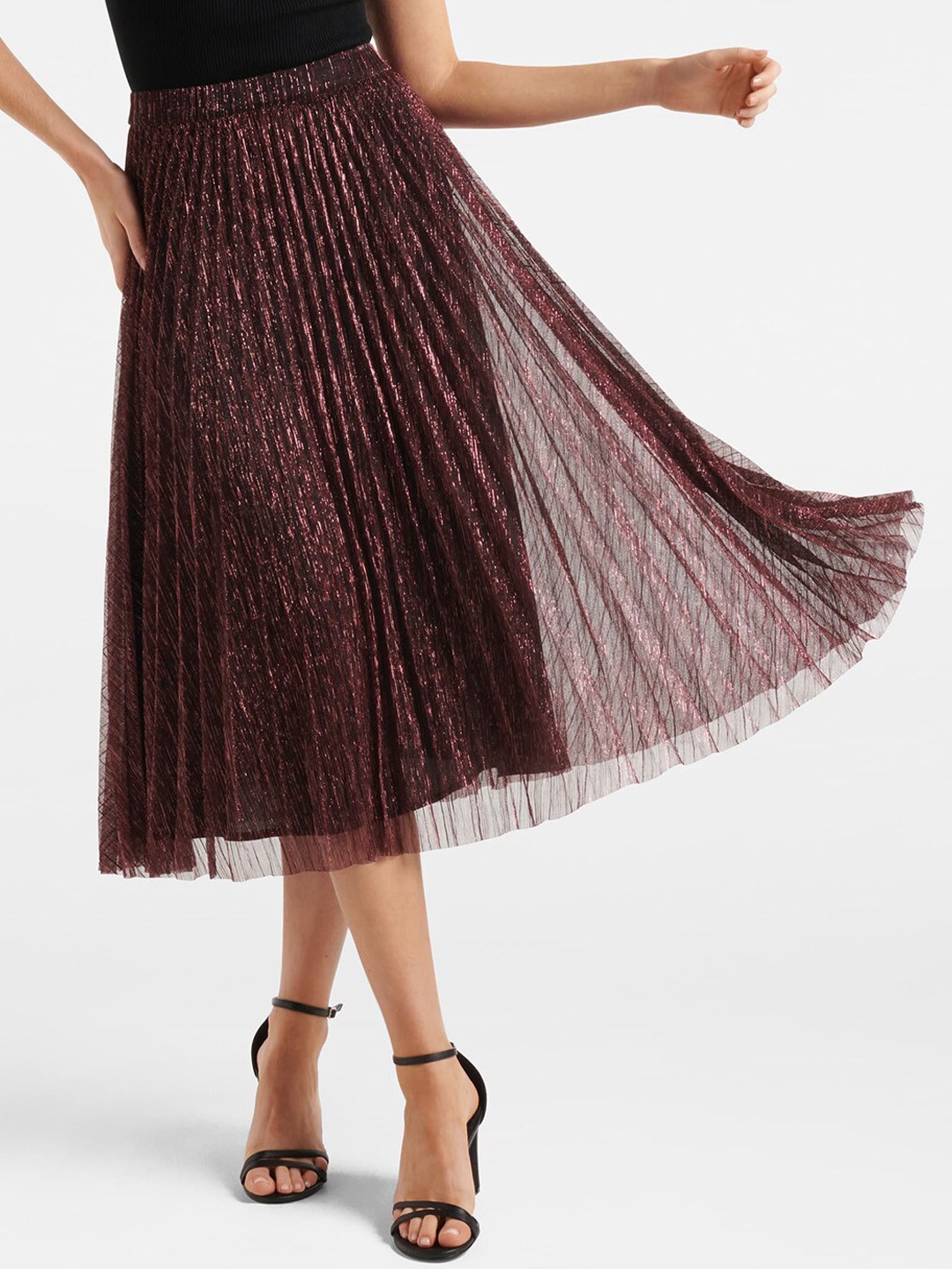 

Forever New Women Maroon Solid Accordion Pleated Flared Midi Skirt