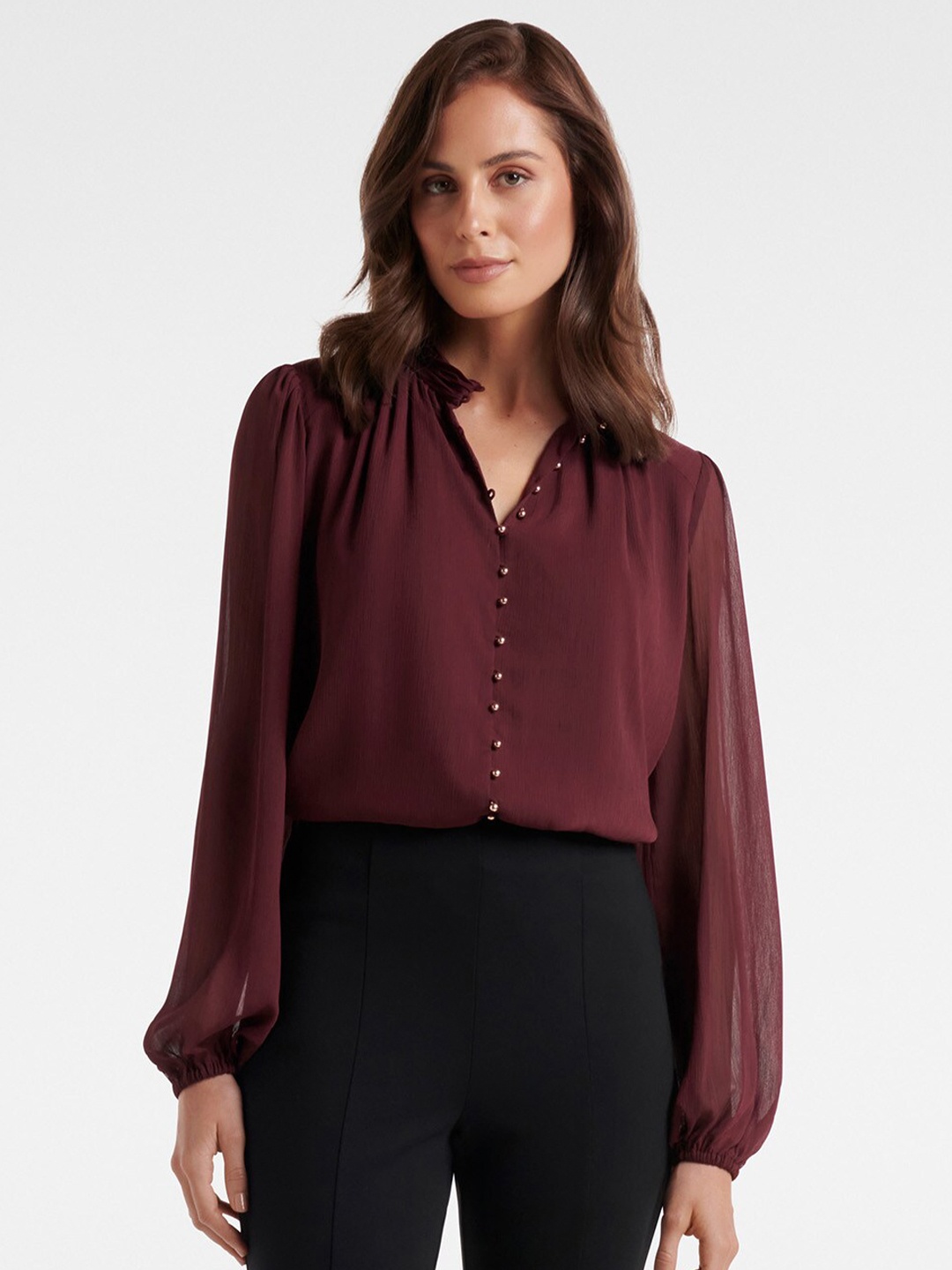 

Forever New Women Maroon Mandarin Collar Top