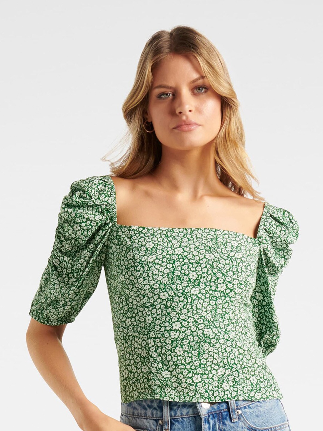 

Forever New Women Green & Off White Floral Print Top