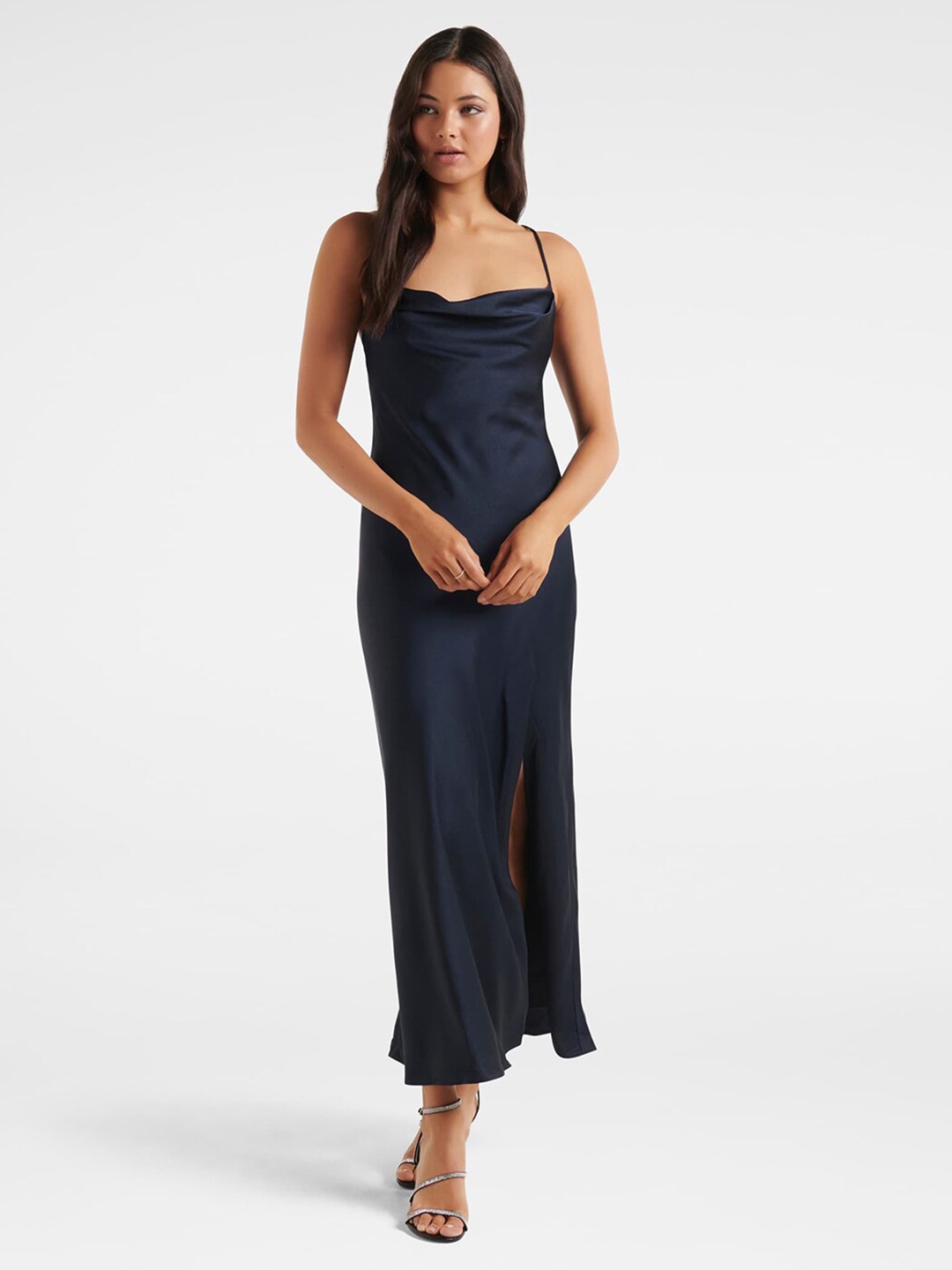 

Forever New Women Navy Blue Solid Shoulder Straps Satin Maxi Dress