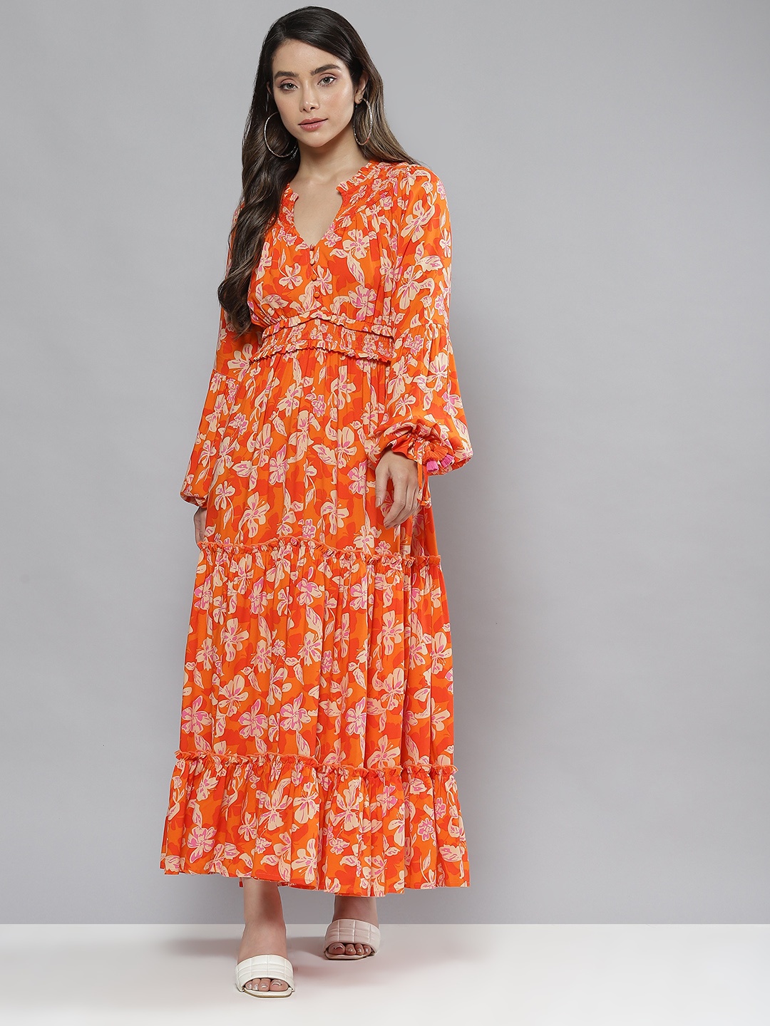 

Femella Orange & Beige Floral Tiered Maxi Dress