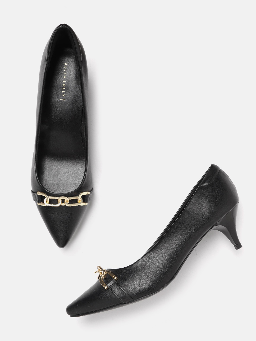 

Allen Solly Black Solid Linked Chain Pointed Toe Kitten Pumps