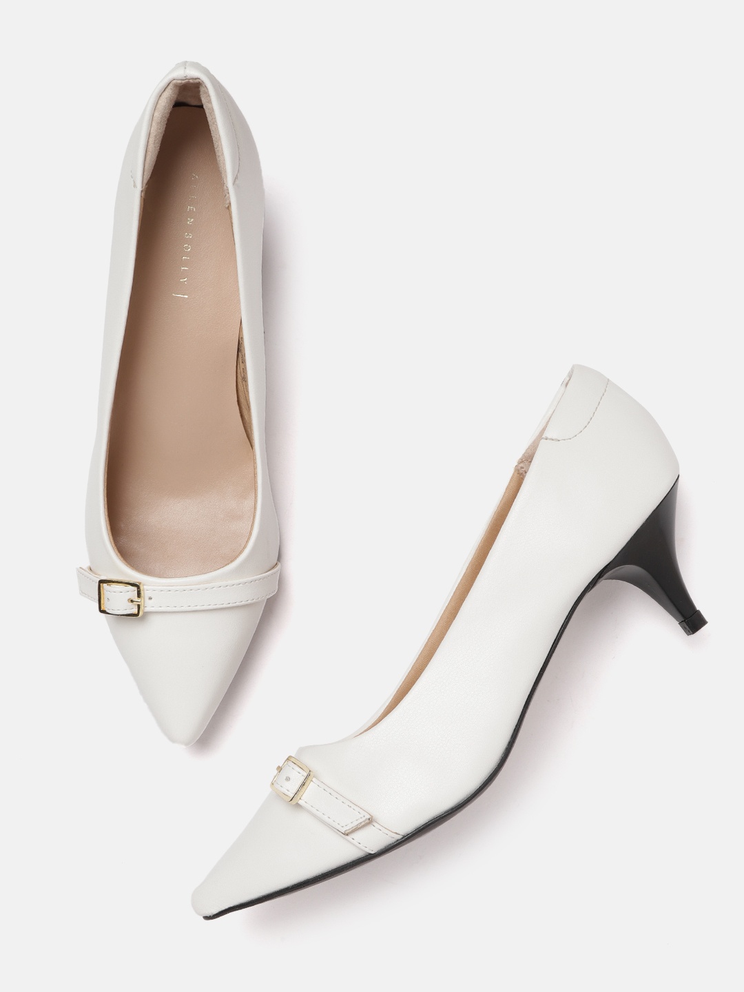 

Allen Solly White Solid Kitten Pointed Toe Pumps with Buckles Detail