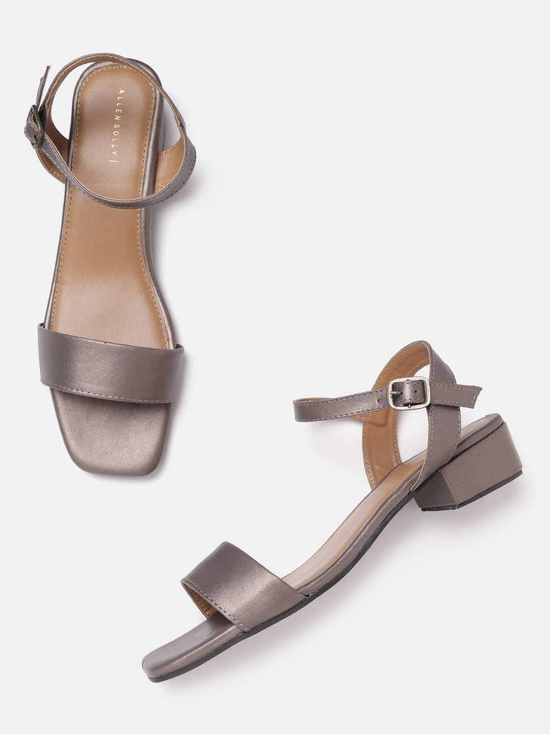 

Allen Solly Women Gunmetal-Toned Solid Block Heel Sandals, Metallic