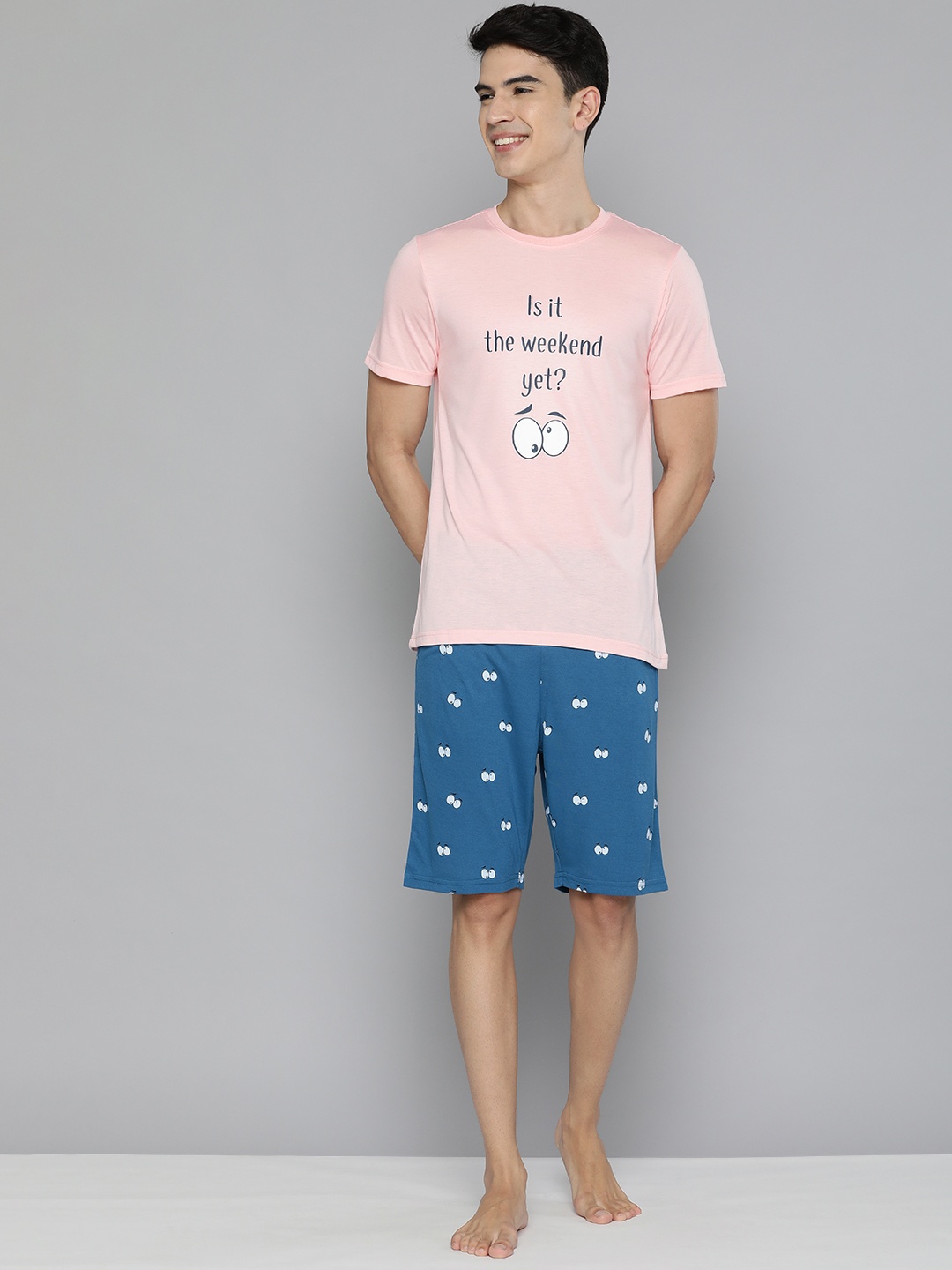 

Mast & Harbour Men Peach & Blue Eyes Printed Lounge Wear