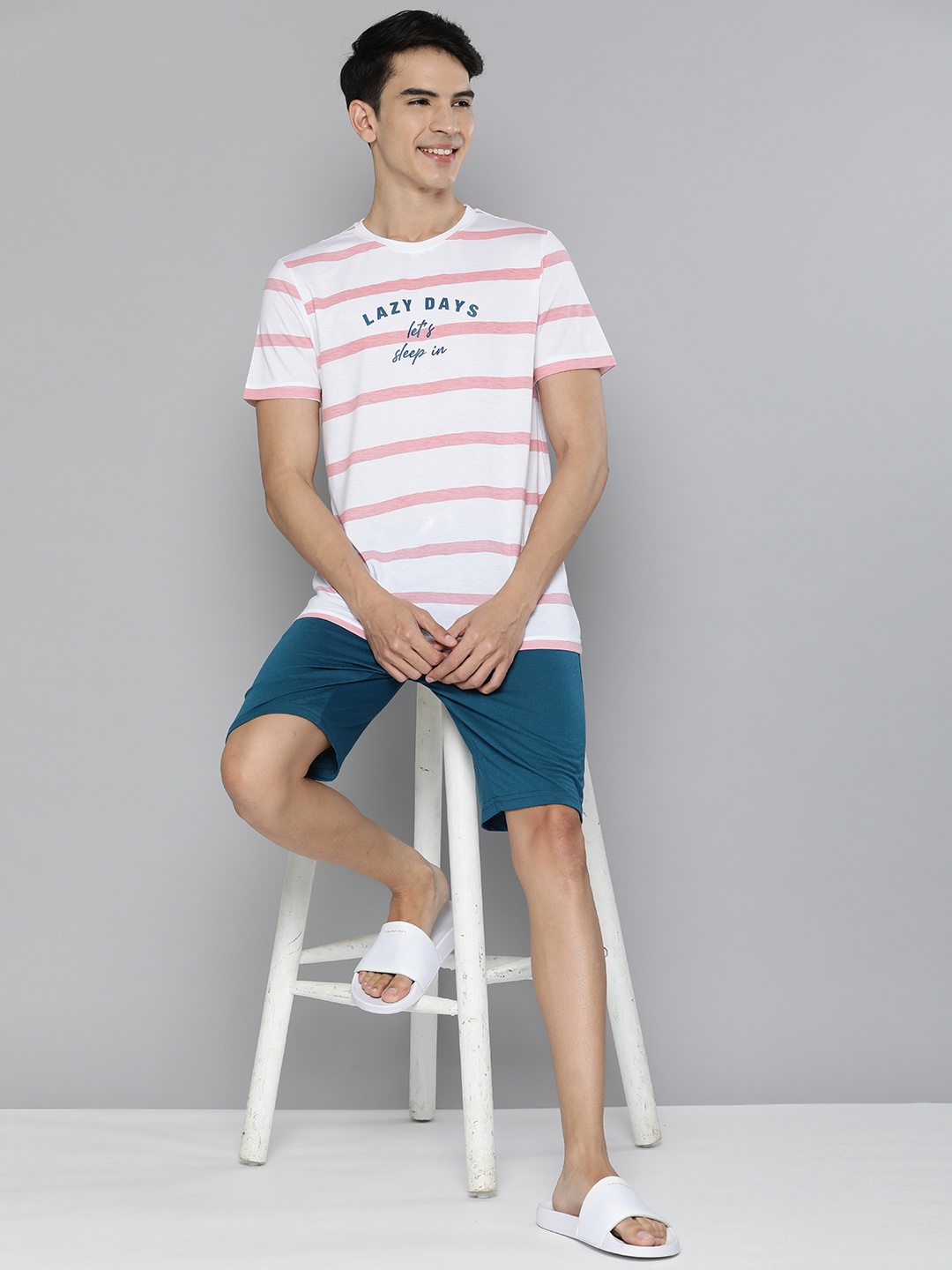 

Mast & Harbour Men Bright White & Blue Striped Night suit