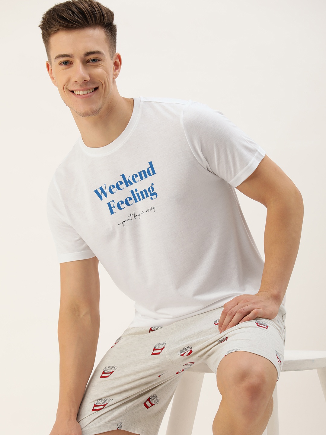 

Mast & Harbour Men Graphic Typography Printed Cotton T-shirt & Mid-Rise Shorts, White