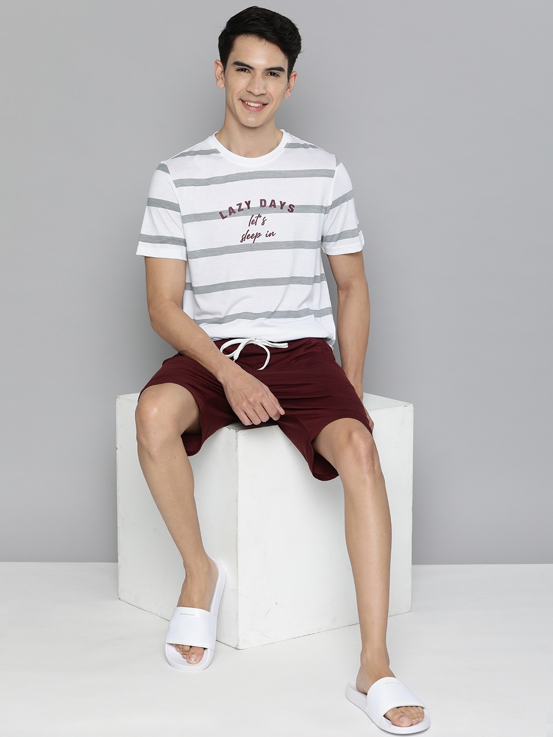 

Mast & Harbour Men Bright White & Maroon Striped Night suit