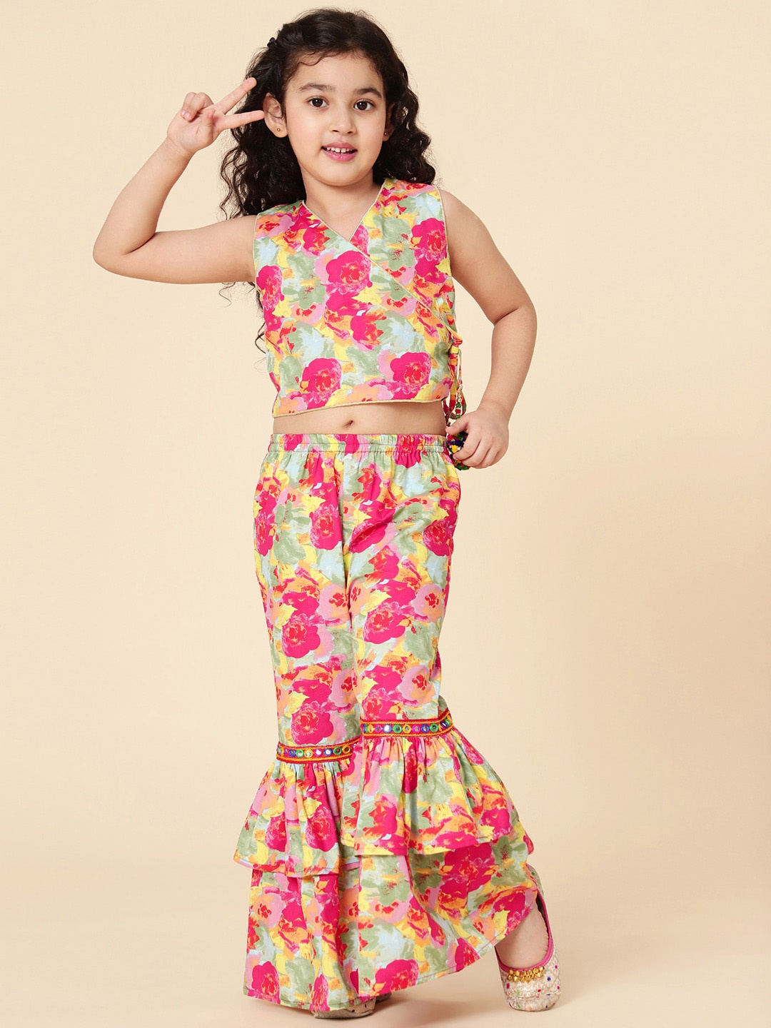 

A T U N Girls Fuchsia & Yellow Printed Top with Trousers