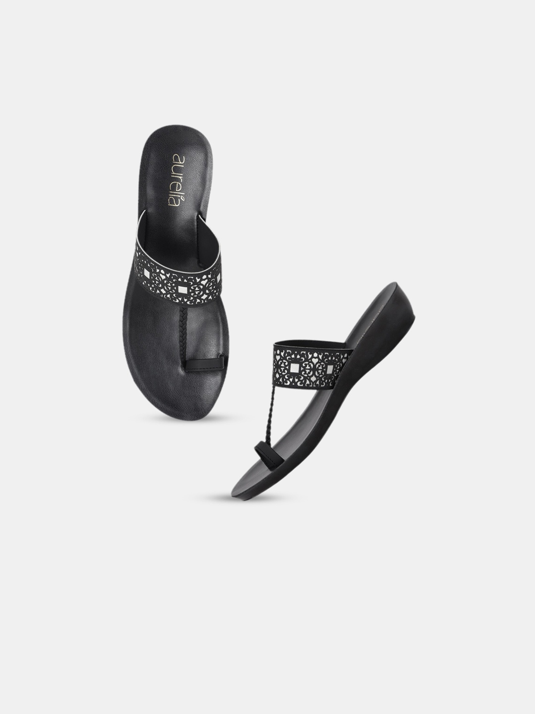 

AURELIA Women Black One Toe Flats With Laser Cuts