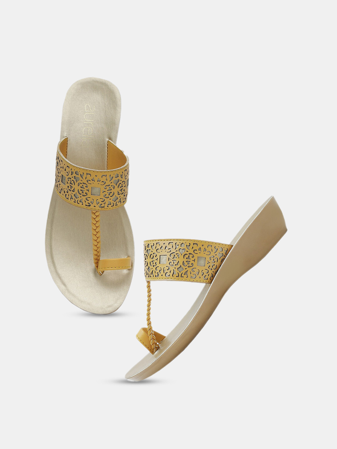

AURELIA Women Mustard Textured Ethnic One Toe Flats with Laser Cuts