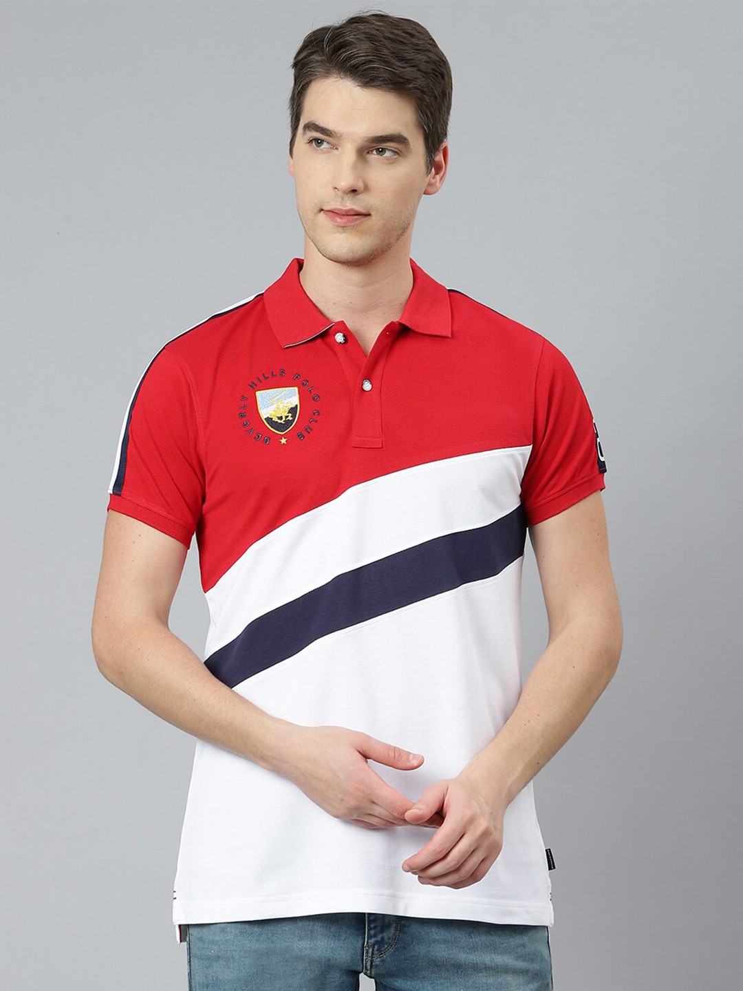 

Beverly Hills Polo Club Men Red Colourblocked Polo Collar T-shirt
