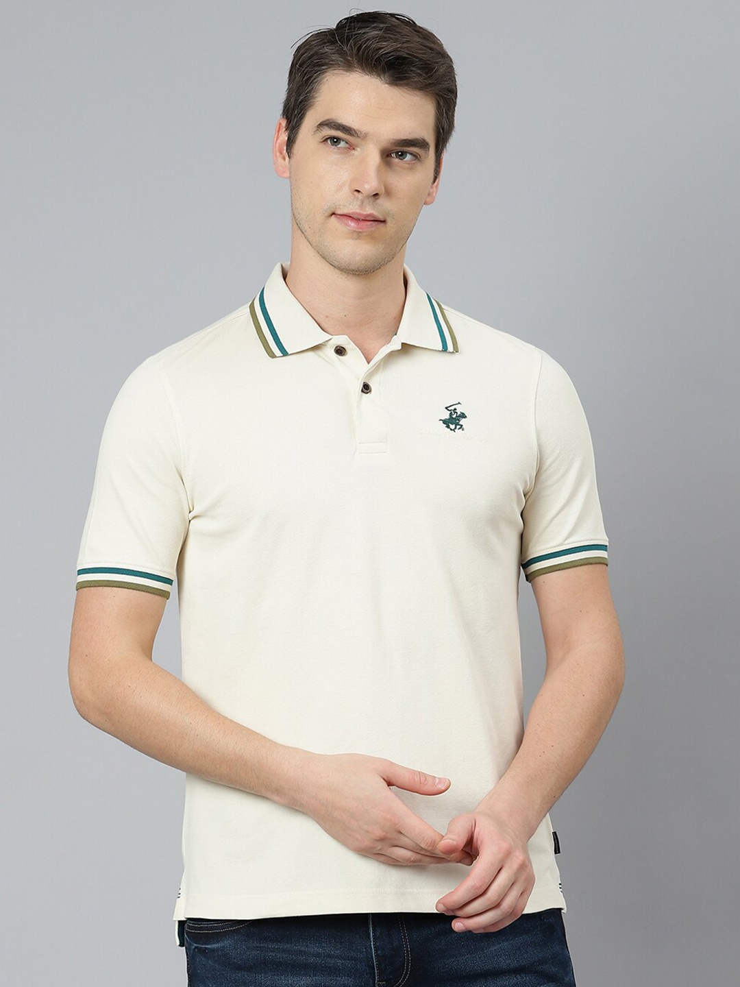 

Beverly Hills Polo Club Men Cream-Coloured Polo Collar T-shirt