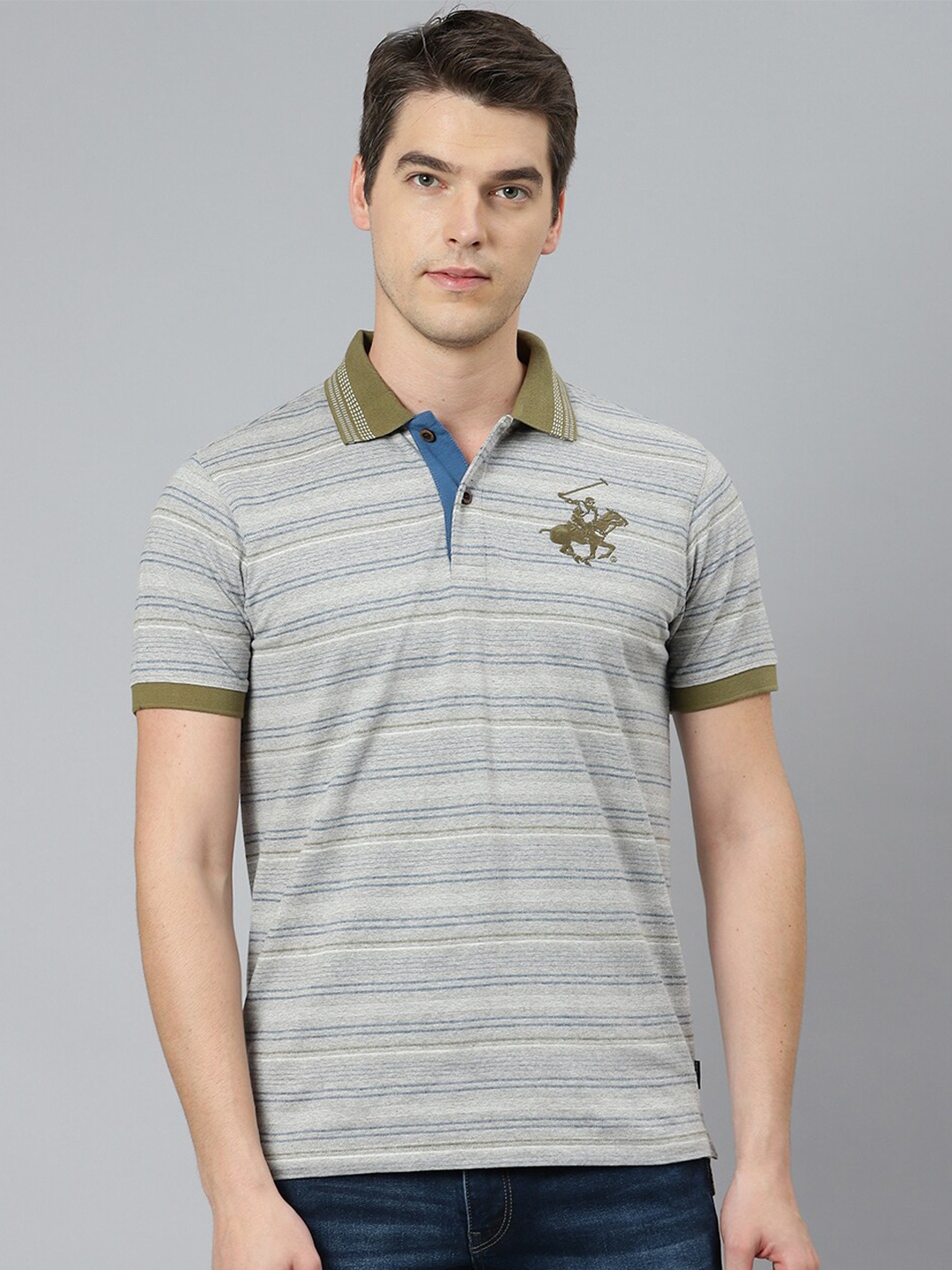 

Beverly Hills Polo Club Men Grey Striped Polo Collar T-shirt