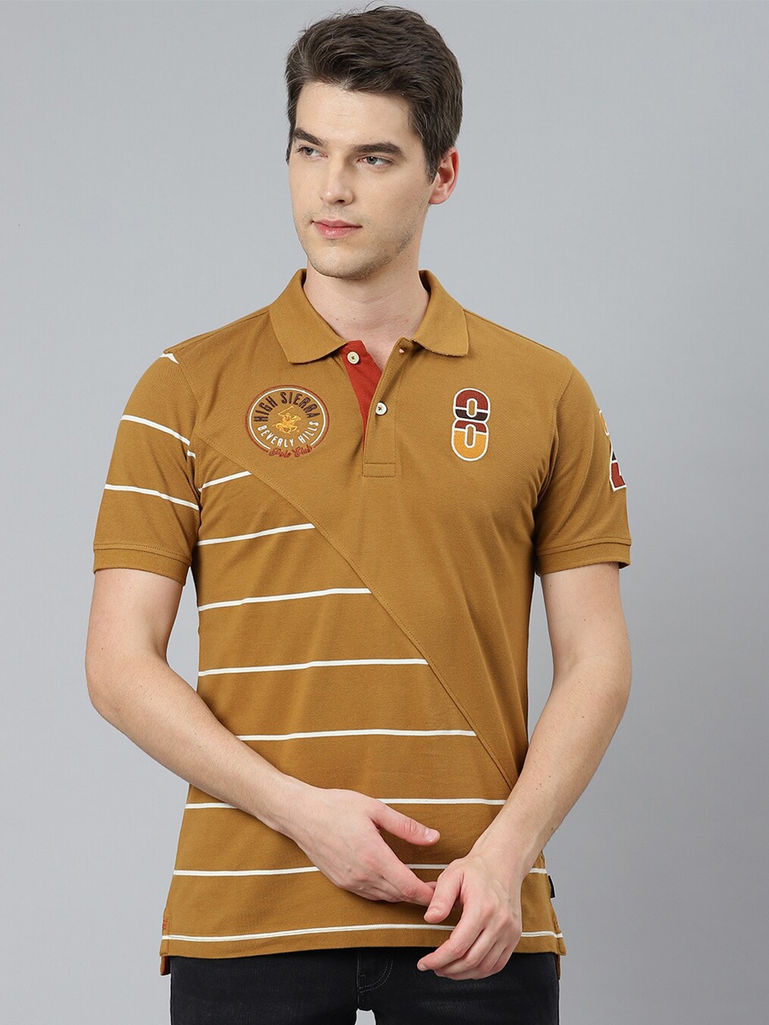 

Beverly Hills Polo Club Men Brown Striped Polo Collar T-shirt