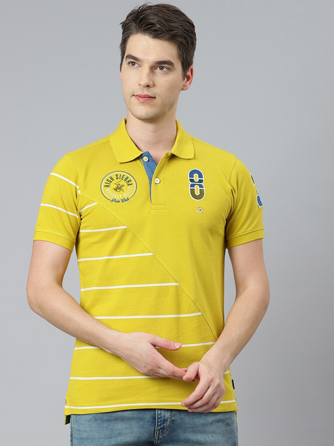 

Beverly Hills Polo Club Men Green Striped Polo Collar T-shirt