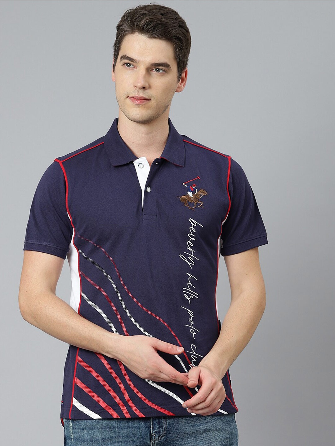 

Beverly Hills Polo Club Men Navy Blue Printed Polo Collar T-shirt