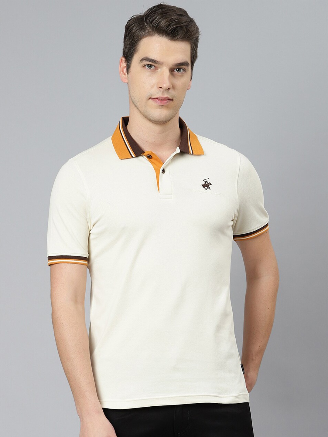 

Beverly Hills Polo Club Men Cream-Coloured Polo Collar T-shirt
