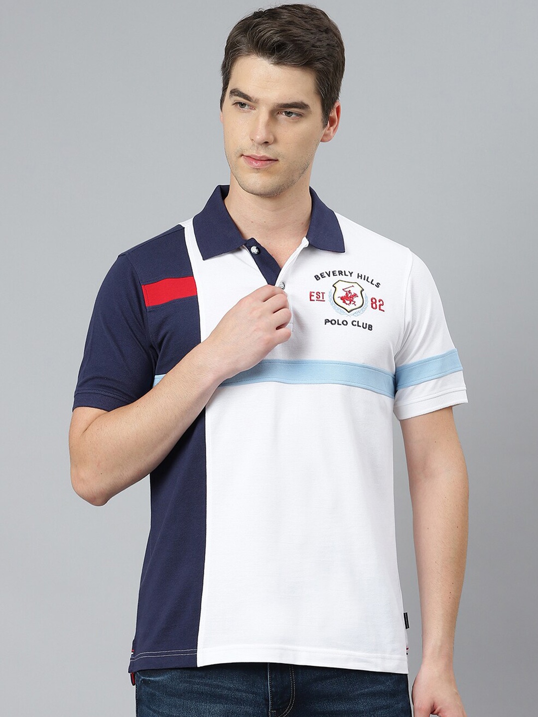 

Beverly Hills Polo Club Men White & Blue Colourblocked Polo Collar Cotton T-shirt