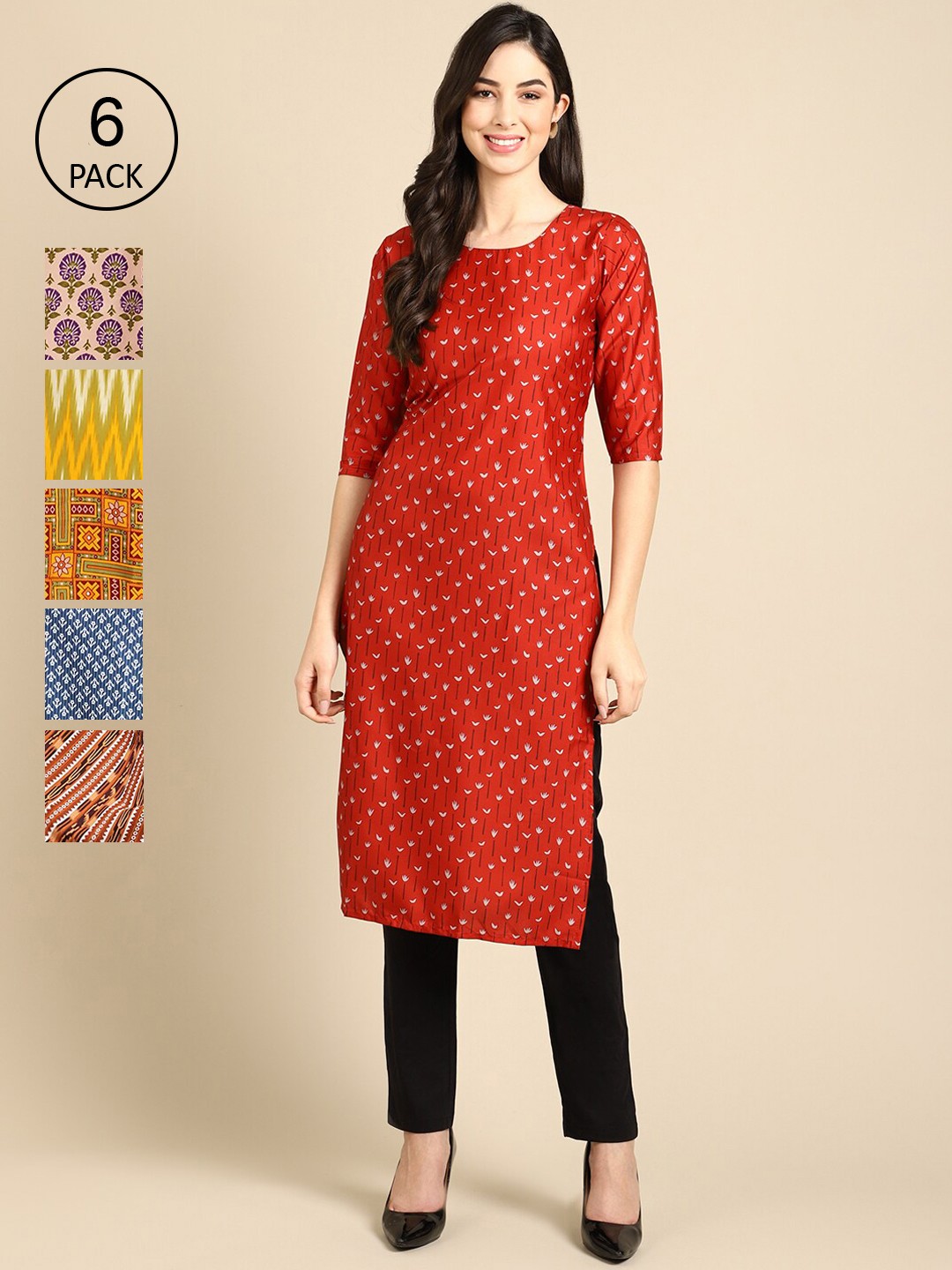 

7Threads Women Pack Of 6 Red Ethnic Motifs Printed Crepe Kurta