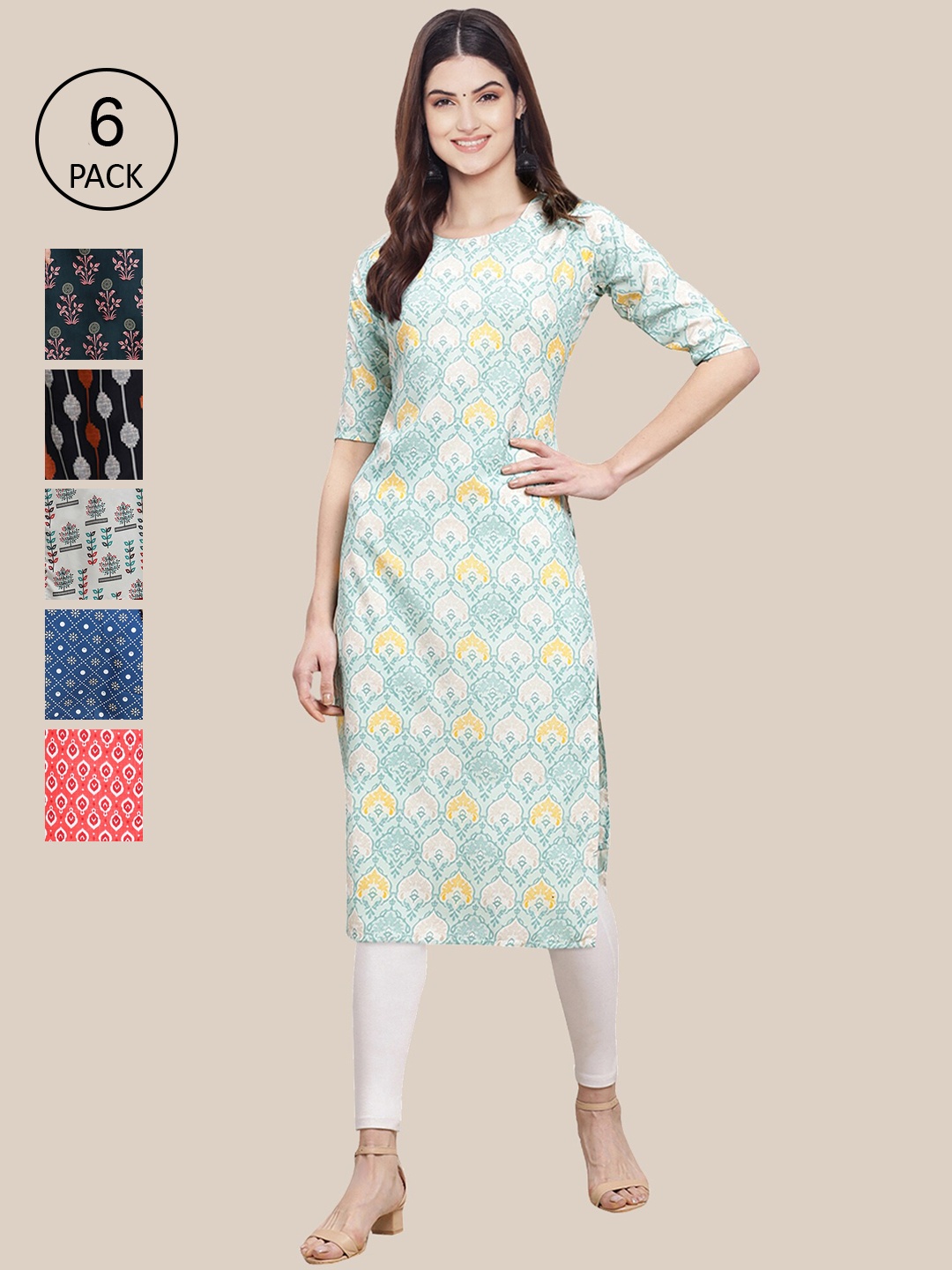 

7Threads Women Pack Of 6 Ethnic Motifs Printed Crepe Kurta, Multi
