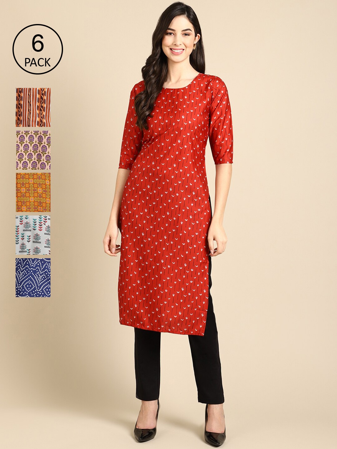 

7Threads Women Pack of 6 Geometric Printed Crepe Kurta, Red