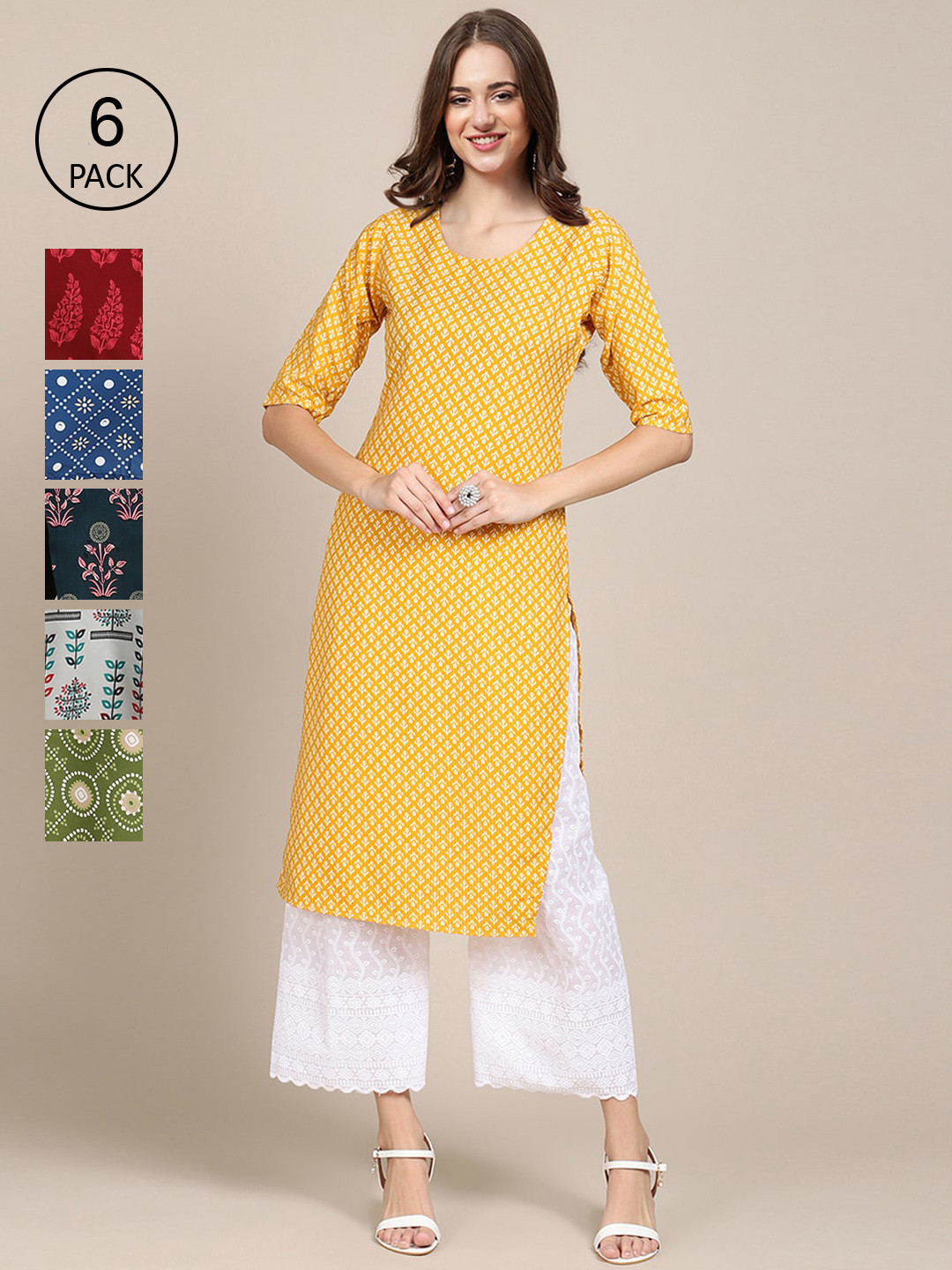 

7Threads Women Pack of 6 Ethnic Motifs Printed Crepe Kurta, Yellow