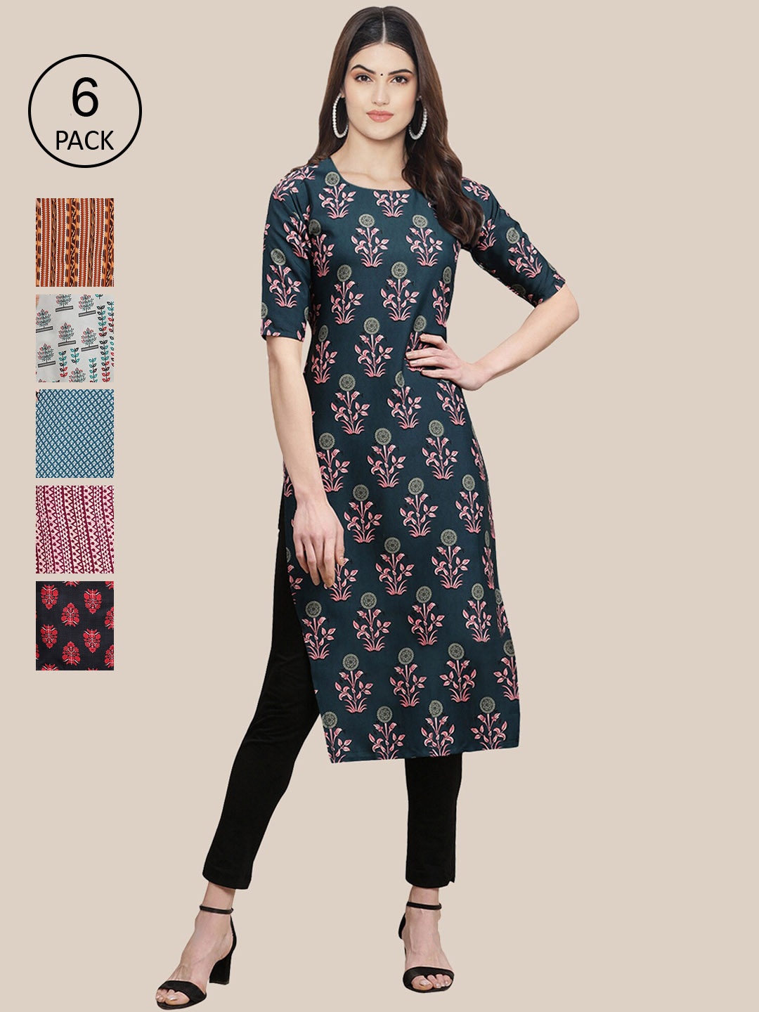 

7Threads Women Pack of 6 Floral Printed Crepe Kurta, Navy blue