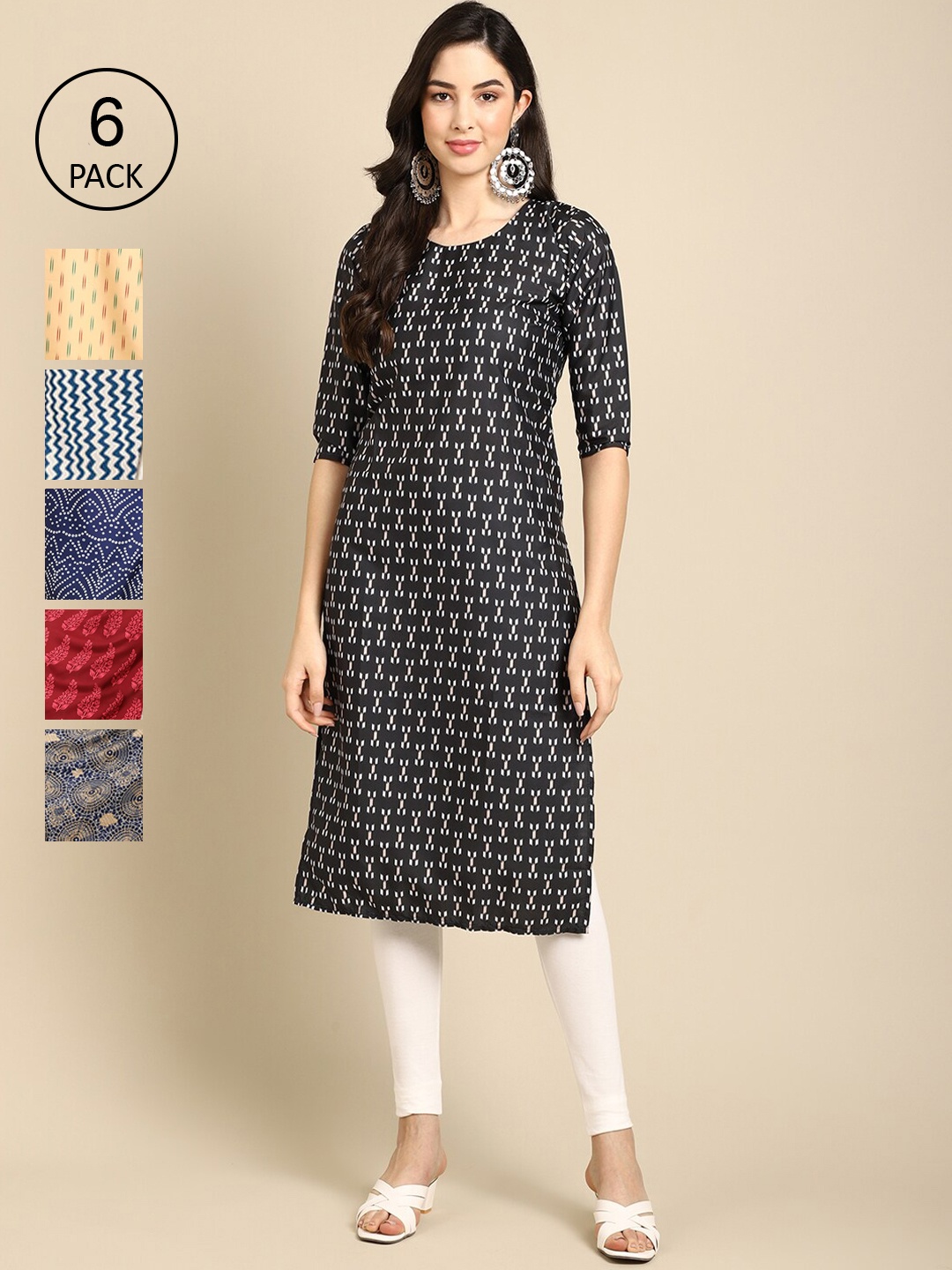 

7Threads Women Pack of 6 Ethnic Motifs Printed Crepe Kurta, Multi