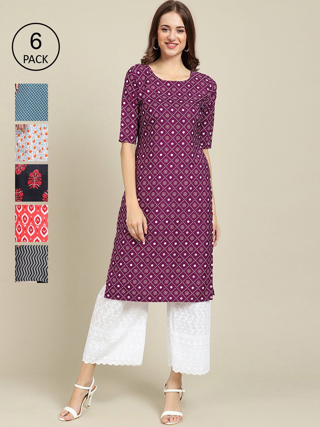

7Threads Women Pack of 6 Geometric Printed Crepe Kurta, Purple