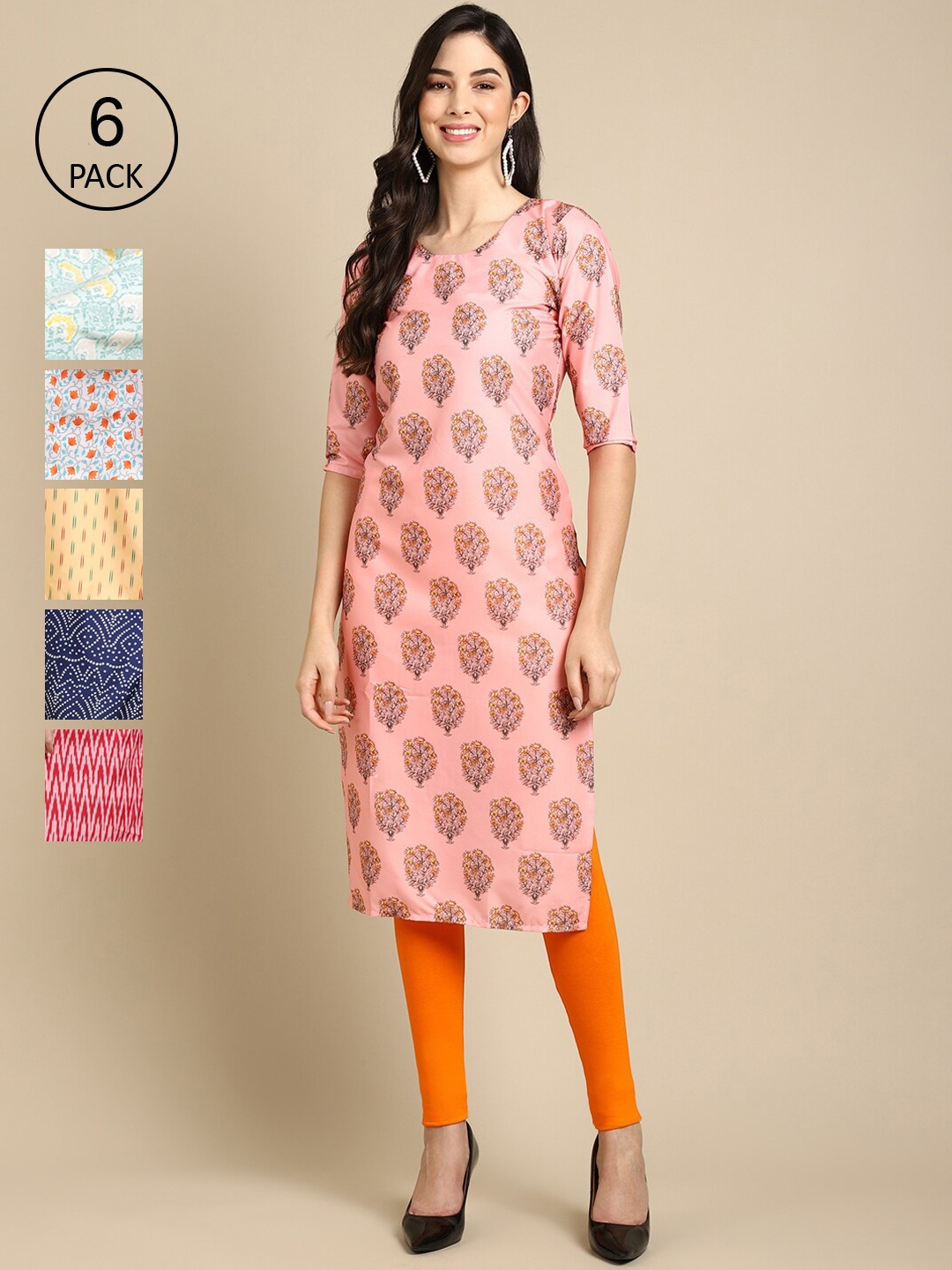 

7Threads Women Pack Of 6 Multicoloured Ethnic Motifs Printed Crepe Kurta, Multi