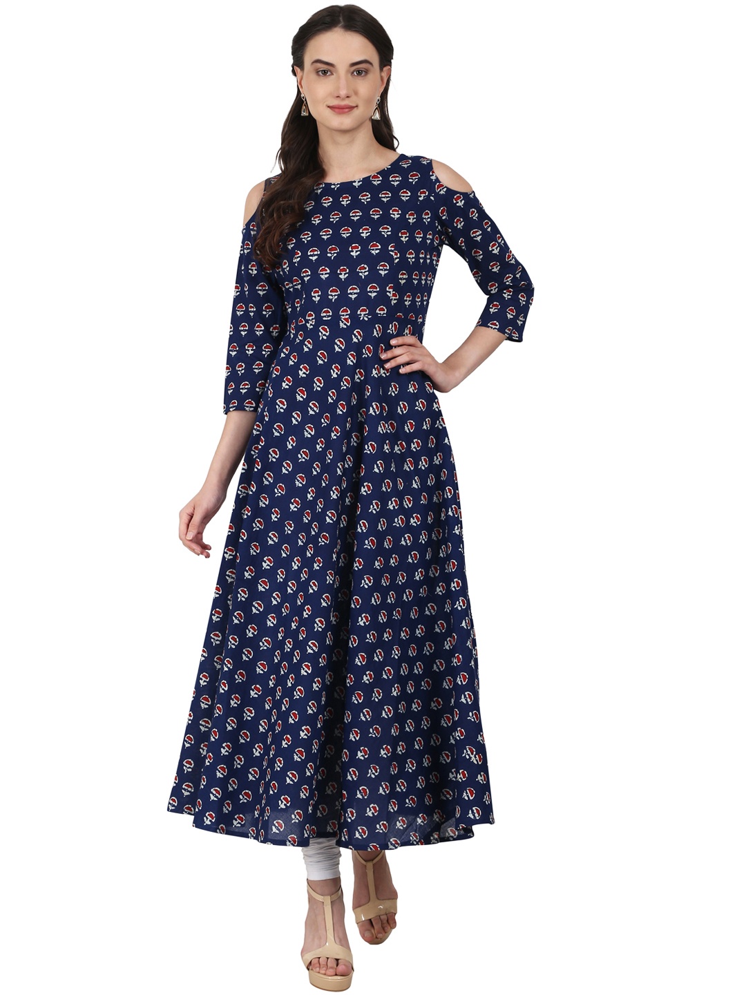 

Nayo Women Navy Blue Printed Cold Shoulder Anarkali Kurta