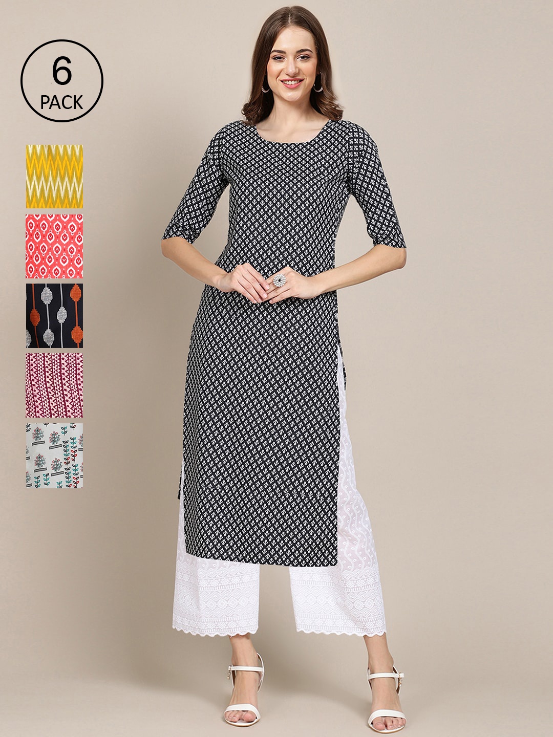 

7Threads Women Pack of 6 Ethnic Motifs Printed Crepe Kurta, Yellow