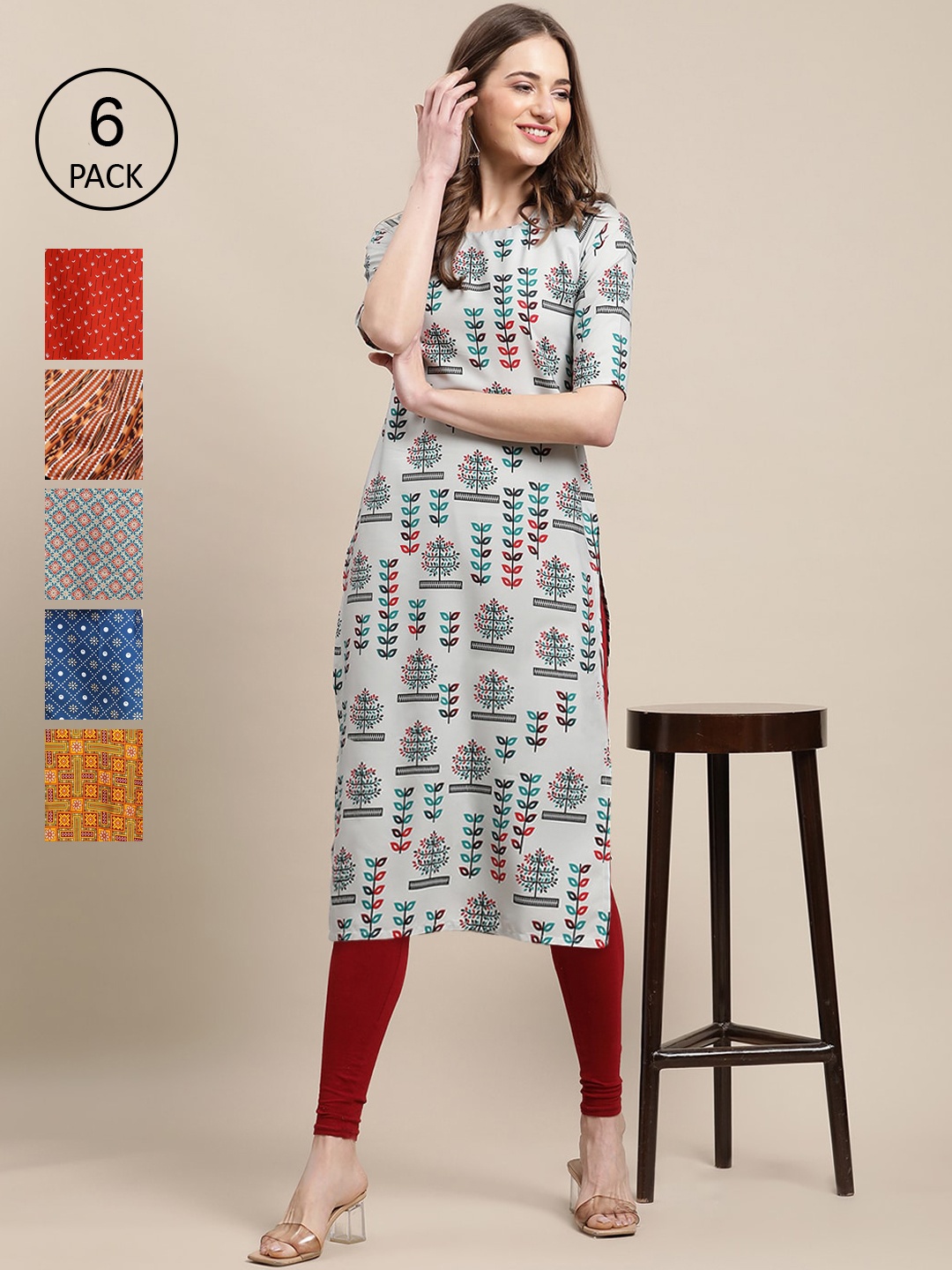 

7Threads Women Pack Of 6 Printed Crepe Straight Kurta, Mustard