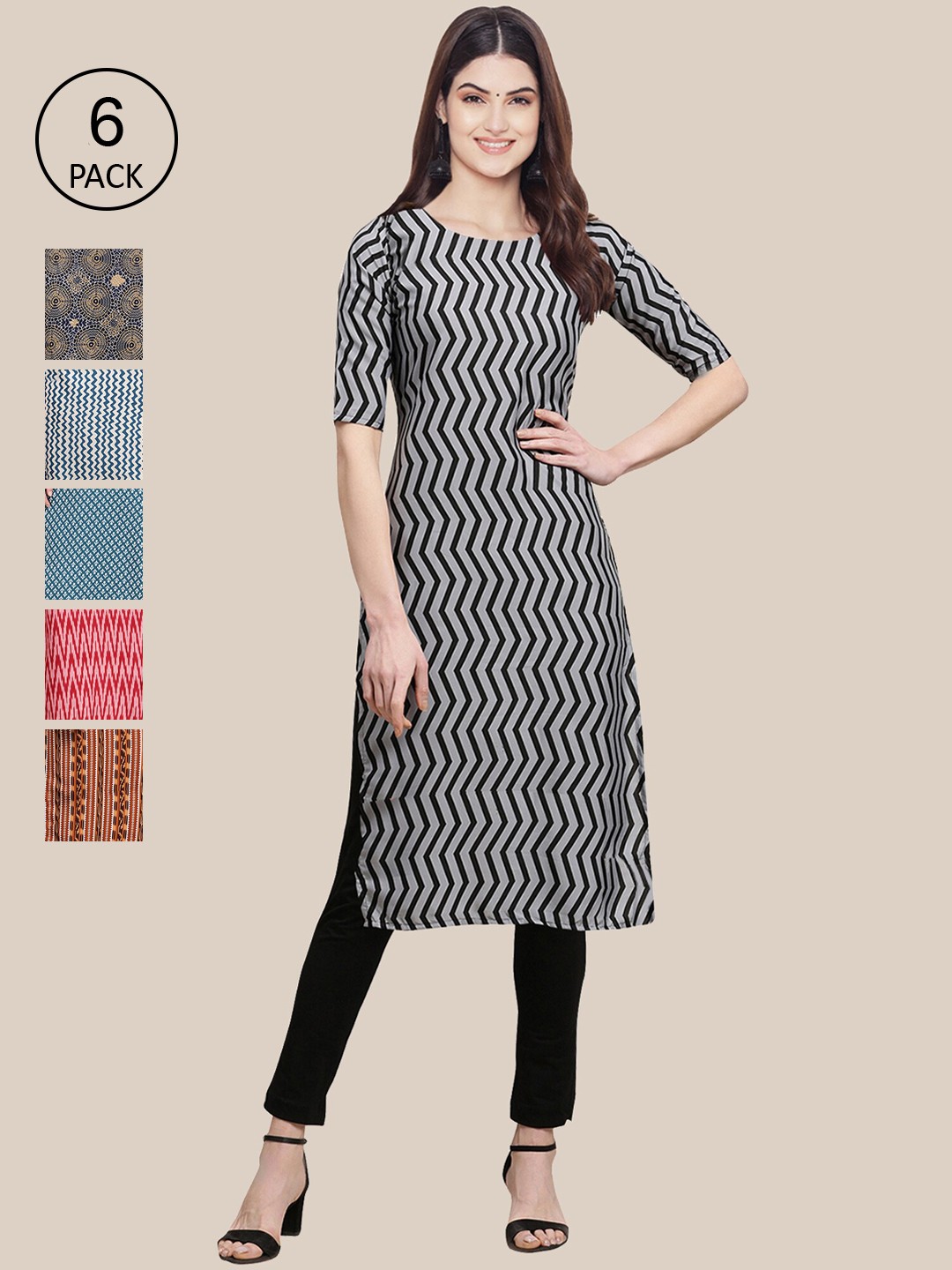 

7Threads Women Pack Of 6 Ethnic Motifs Printed Crepe Kurta, Black