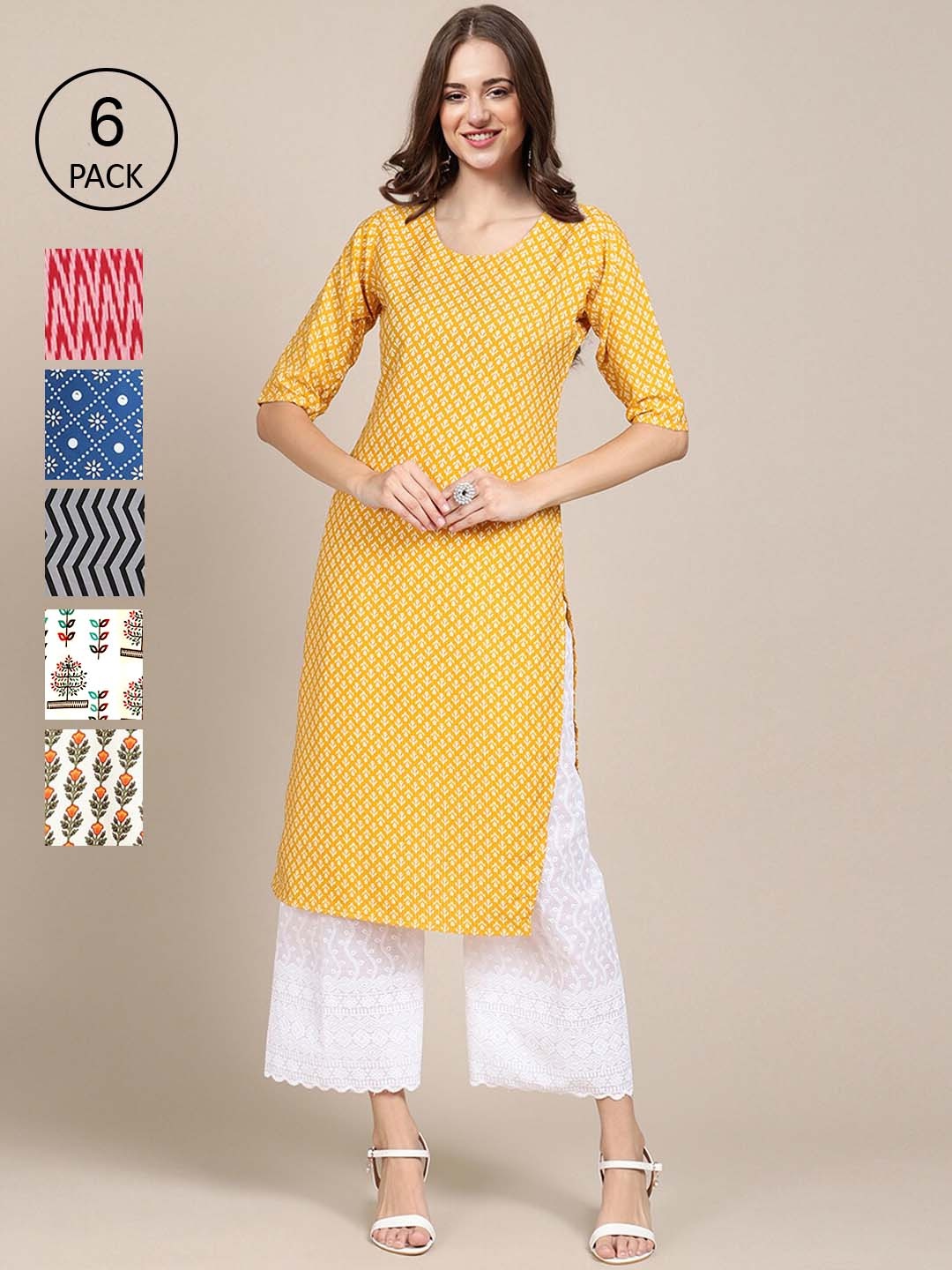 

7Threads Women Pack of 6 Geometric Printed Crepe Kurta, Yellow