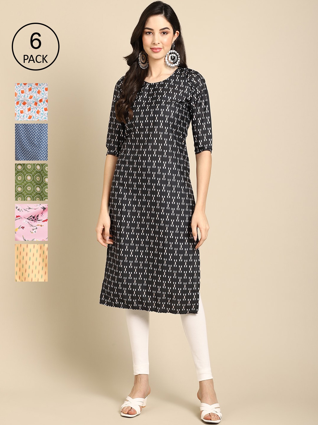 

7Threads Pack of 6 Geometric Printed Crepe Straight Kurta, Black