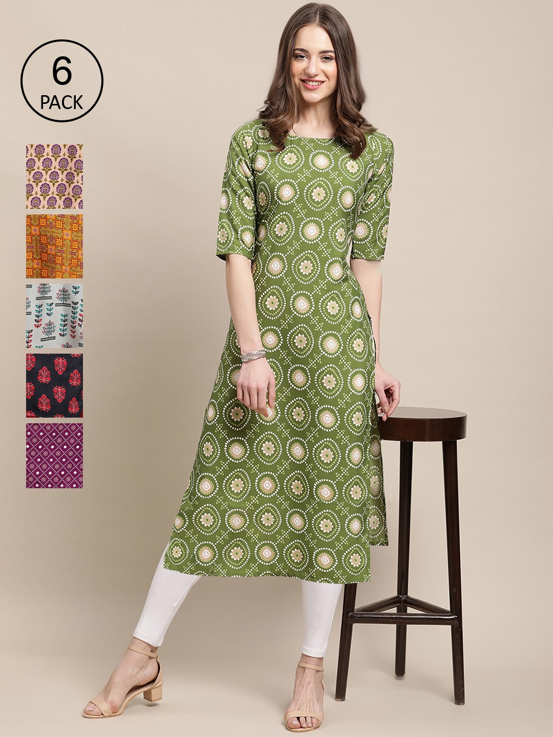 

7Threads Women Pack Of 6 Printed Crepe Straight Kurta, Green